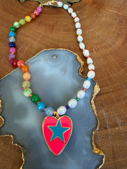Gems by SJ Pink Heart Blue Star Necklace