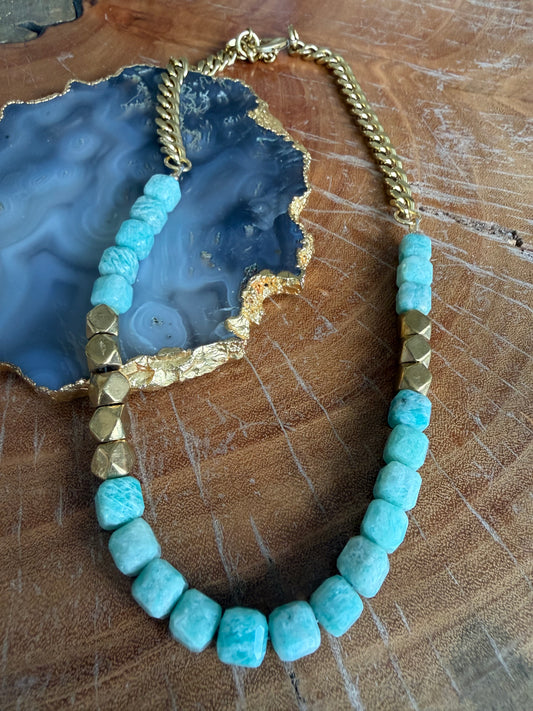Rachel Nathan Amazonite Cubes & Diamond Cut Indian Bead Necklace