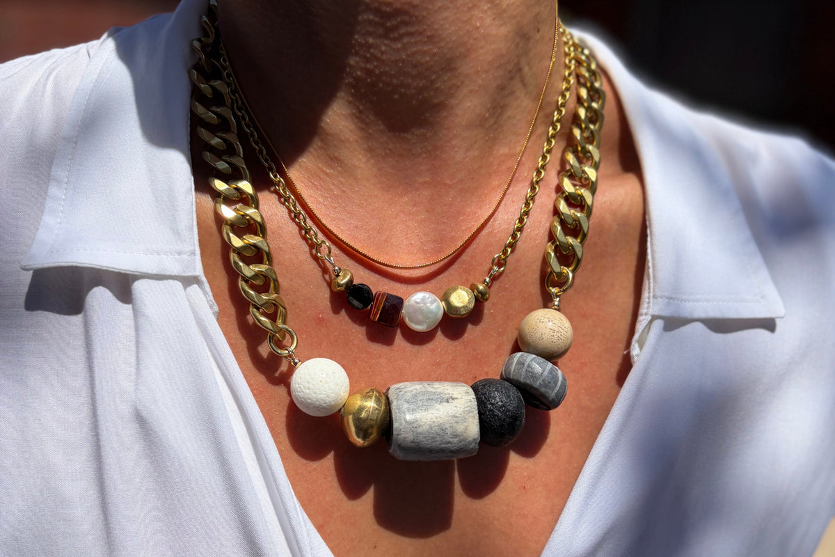 Rachel Nathan Big Beaded: Coral & Bone necklace shown on model