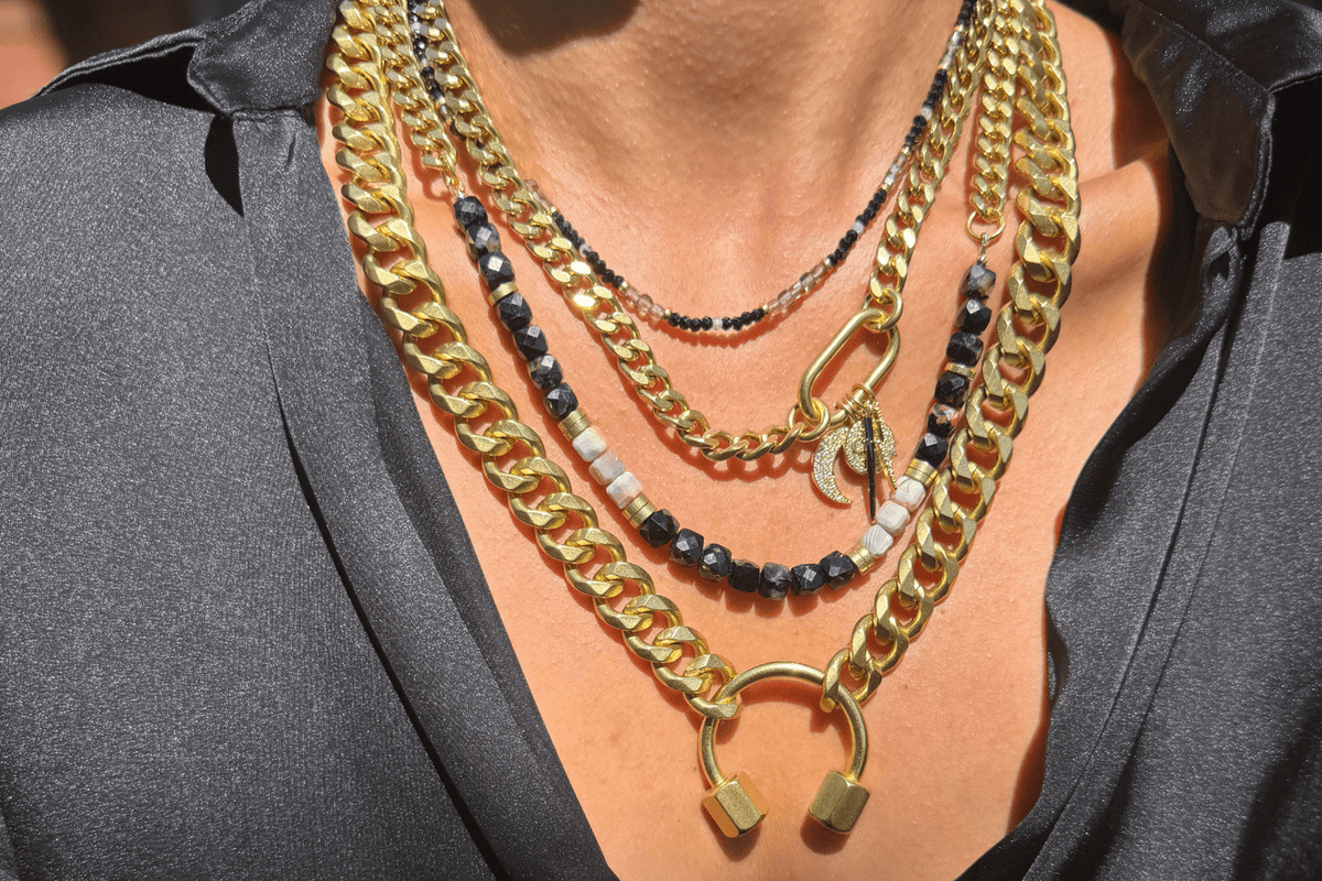 Rachel Nathan Black Tourmaline & Pink Botswana Agate Curb necklace shown on model