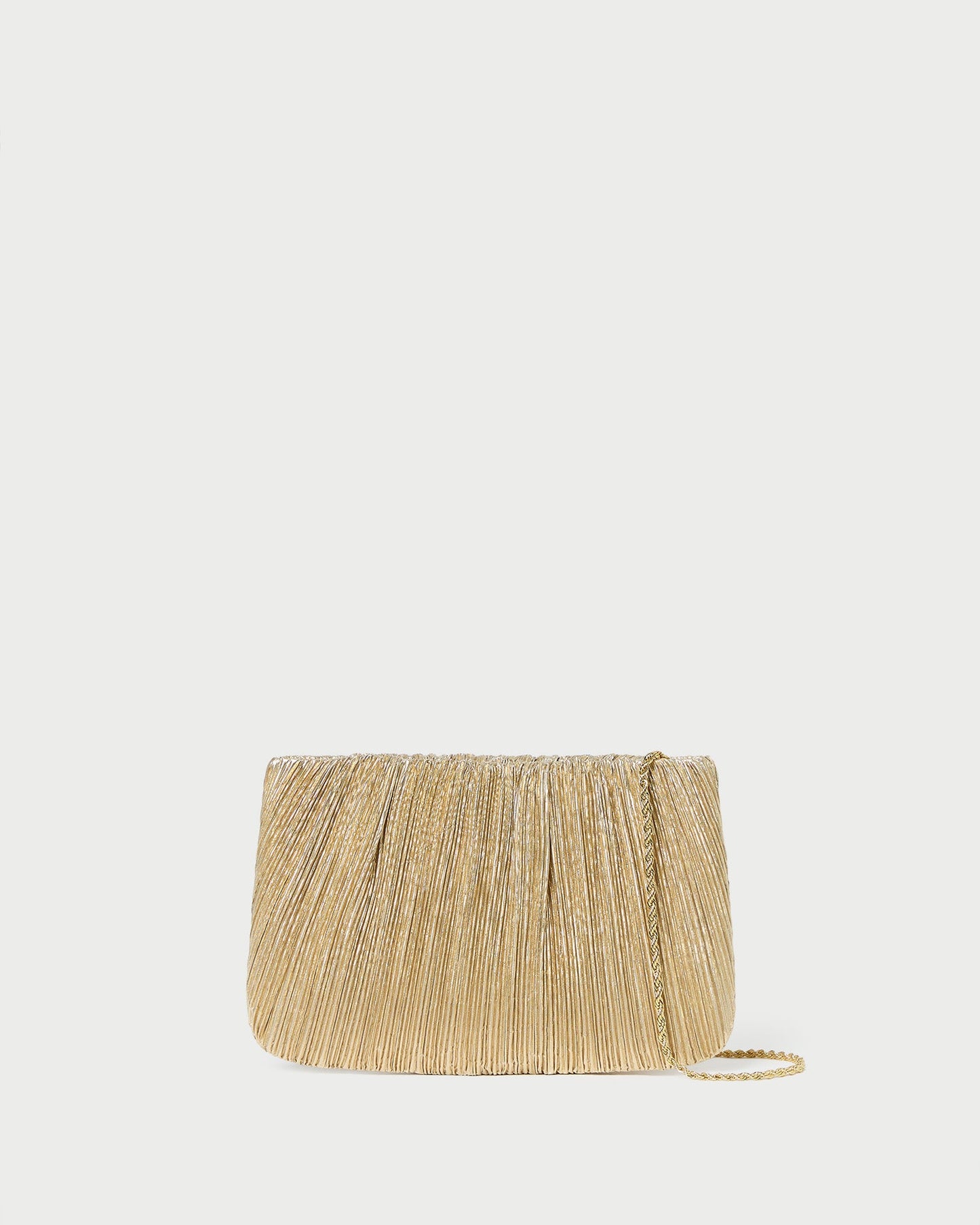 Loeffler Randall Brit Pleated Flat Clutch in gold lamé, front view