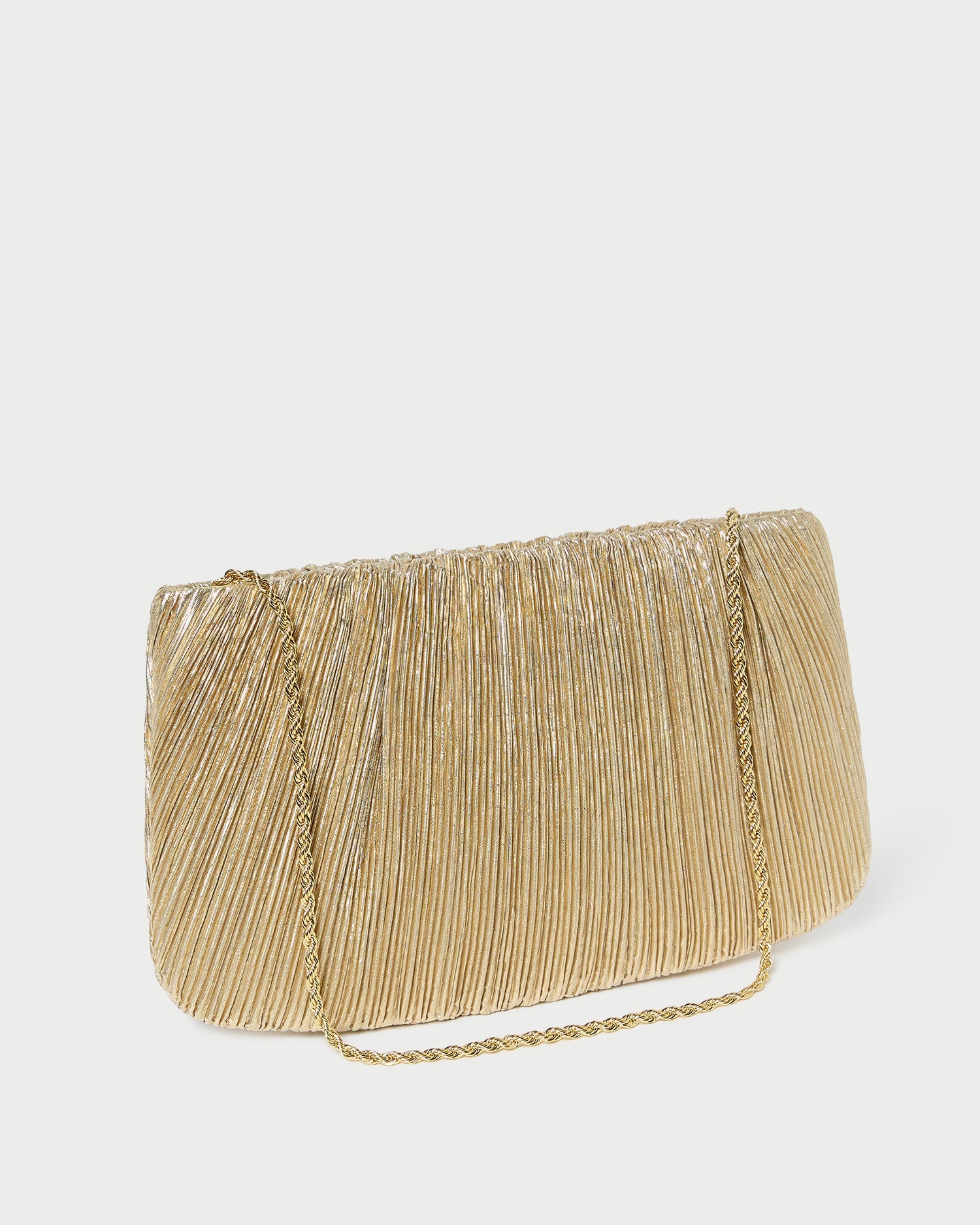 Loeffler Randall Brit Pleated Flat Clutch in gold lamé, alternate view showing removable twisted gold chain strap