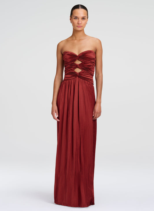 ALC Brynn Dress in Sandalwood, shown on model