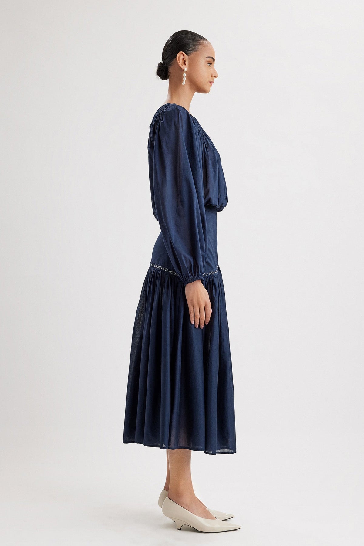 Merlette Lotus Top in Navy, detail view