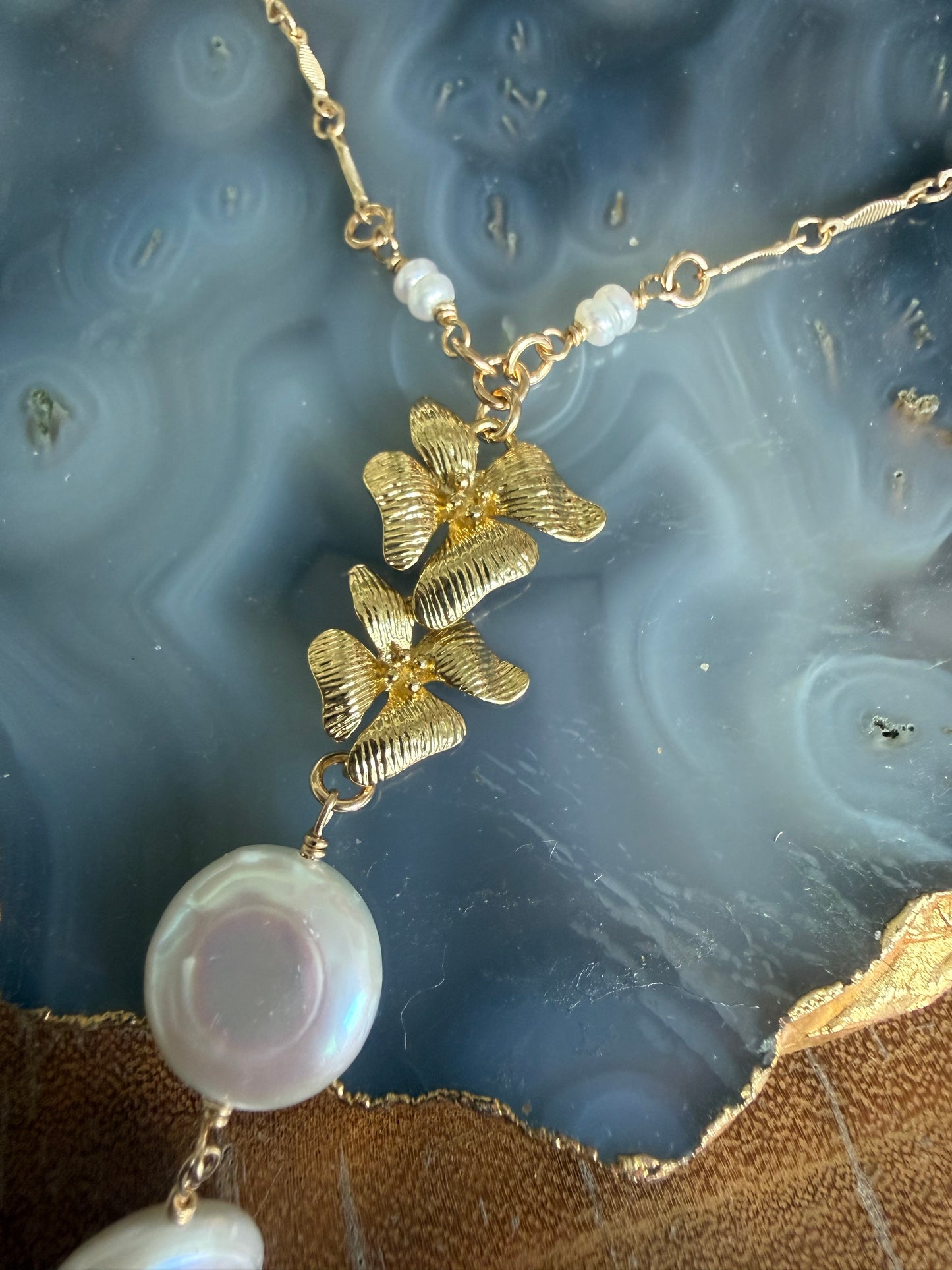 Rachel Nathan Floral Centerpiece & Pearl Coin Necklace