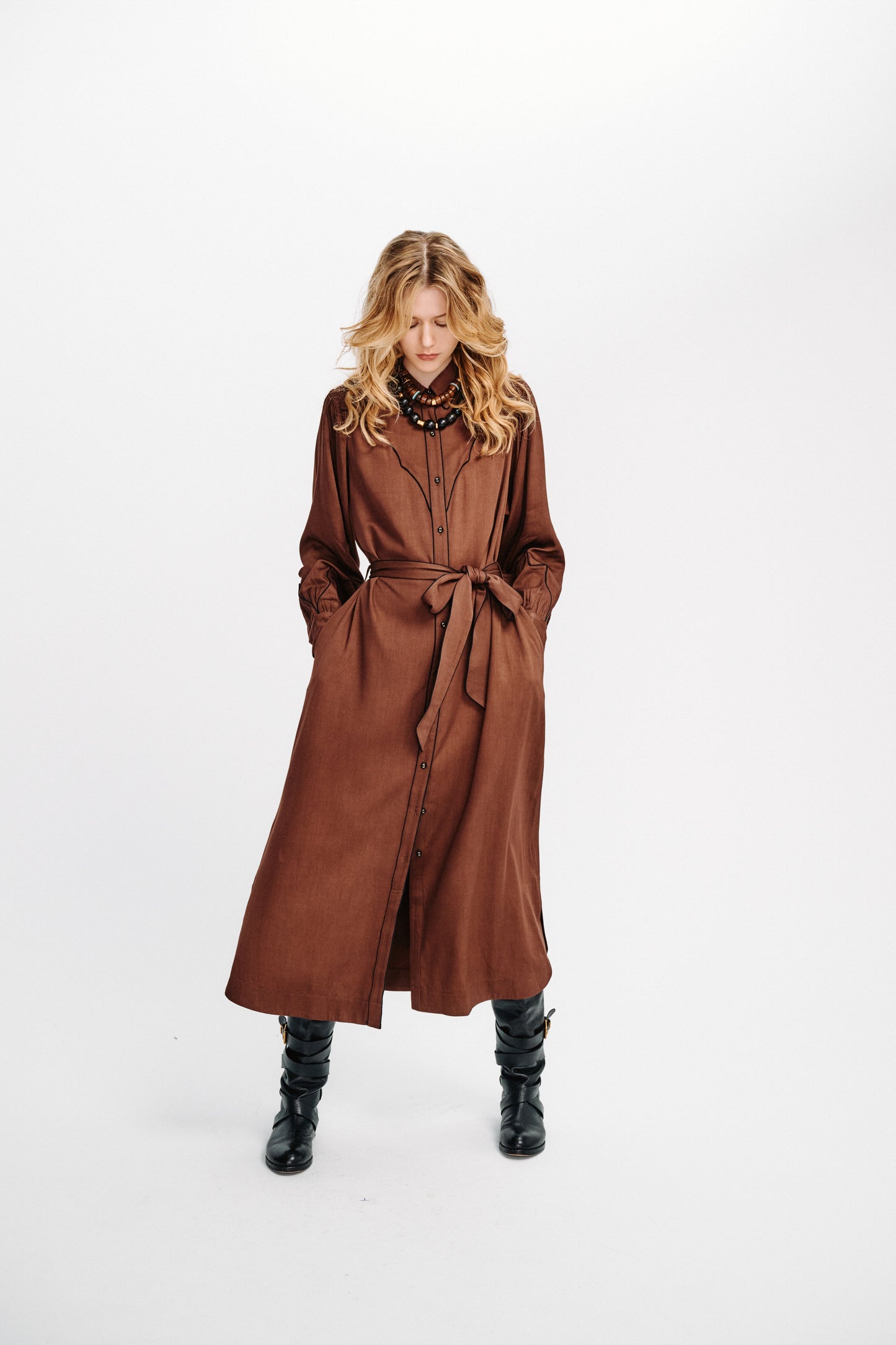 Carolina K Rodeo Dress in Brown, worn belted with boots