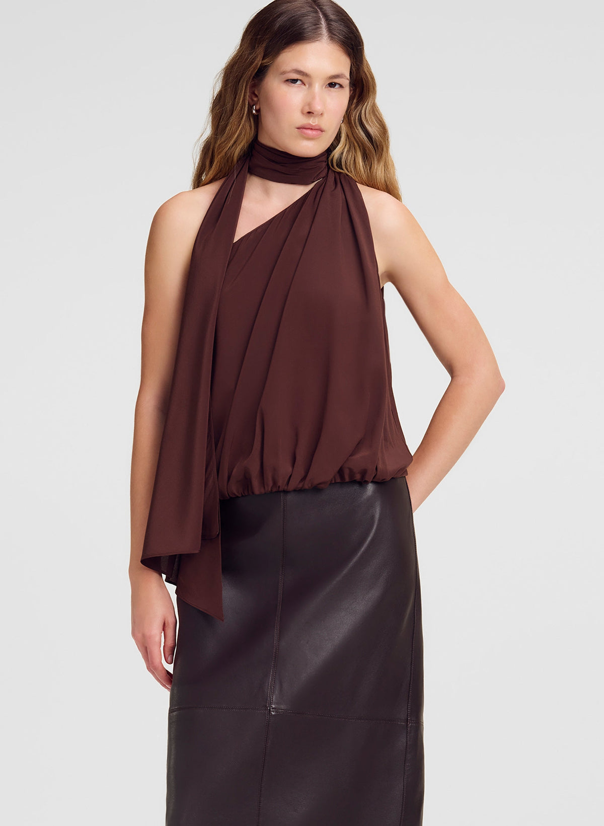 ALC Celeste Top in Coffee, shown on model