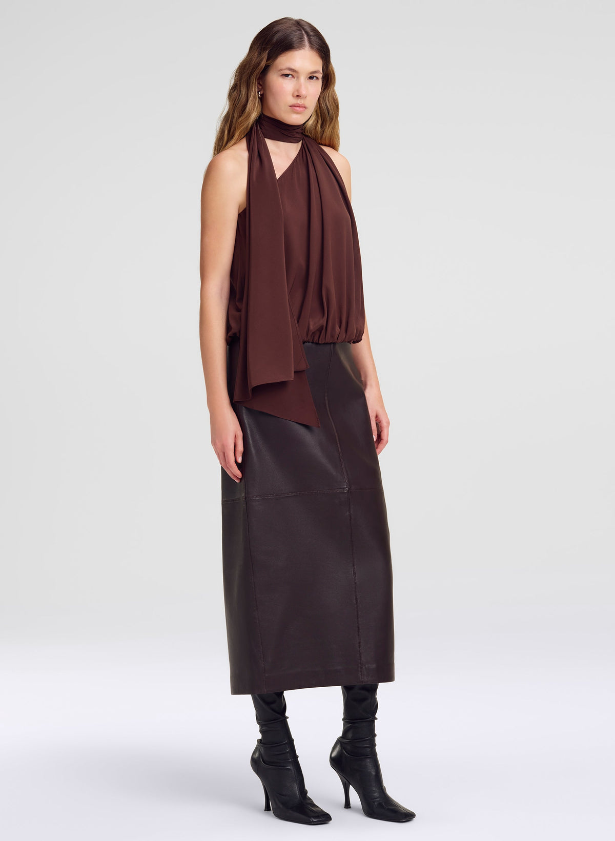 ALC Celeste Top in Coffee, alternate view on model
