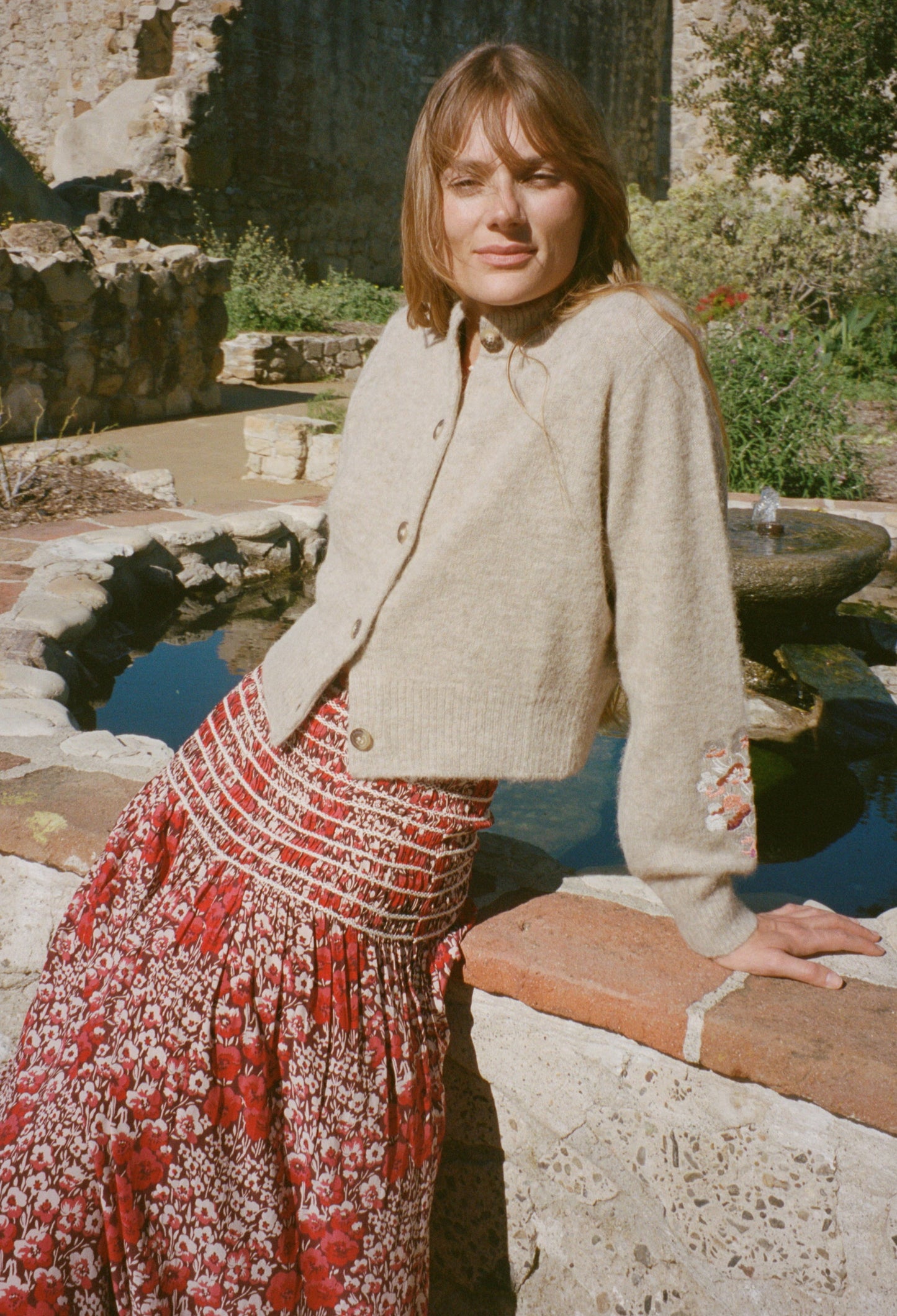 Ciao Lucia Liane Cardigan in Oatmeal, shown on model