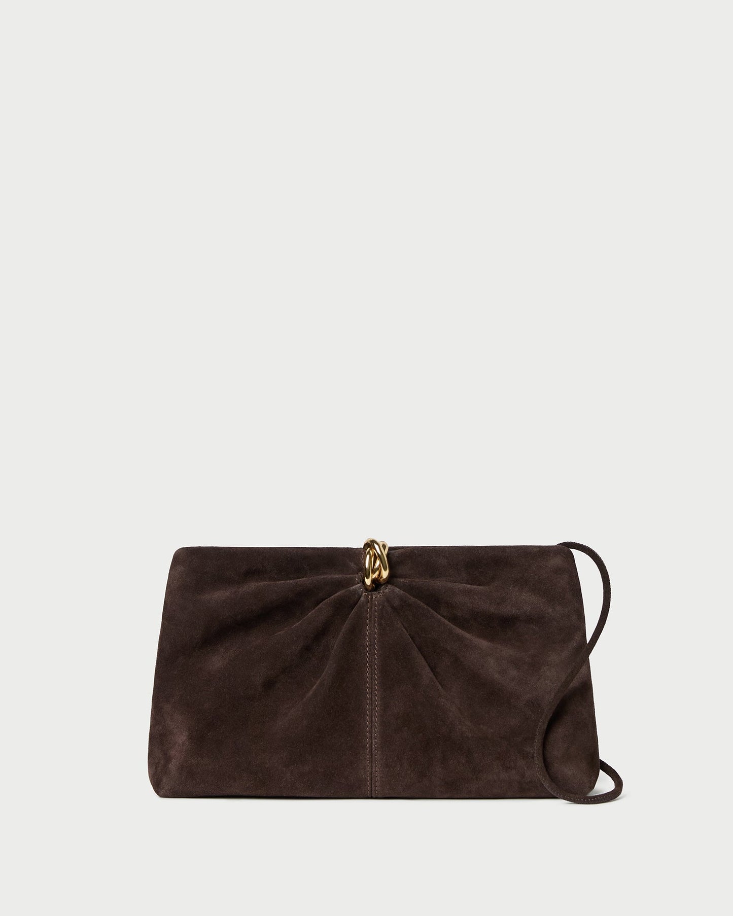 Loeffler Randall Corrine Gathered Multi Ring Clutch in Tmoro brown suede, front view