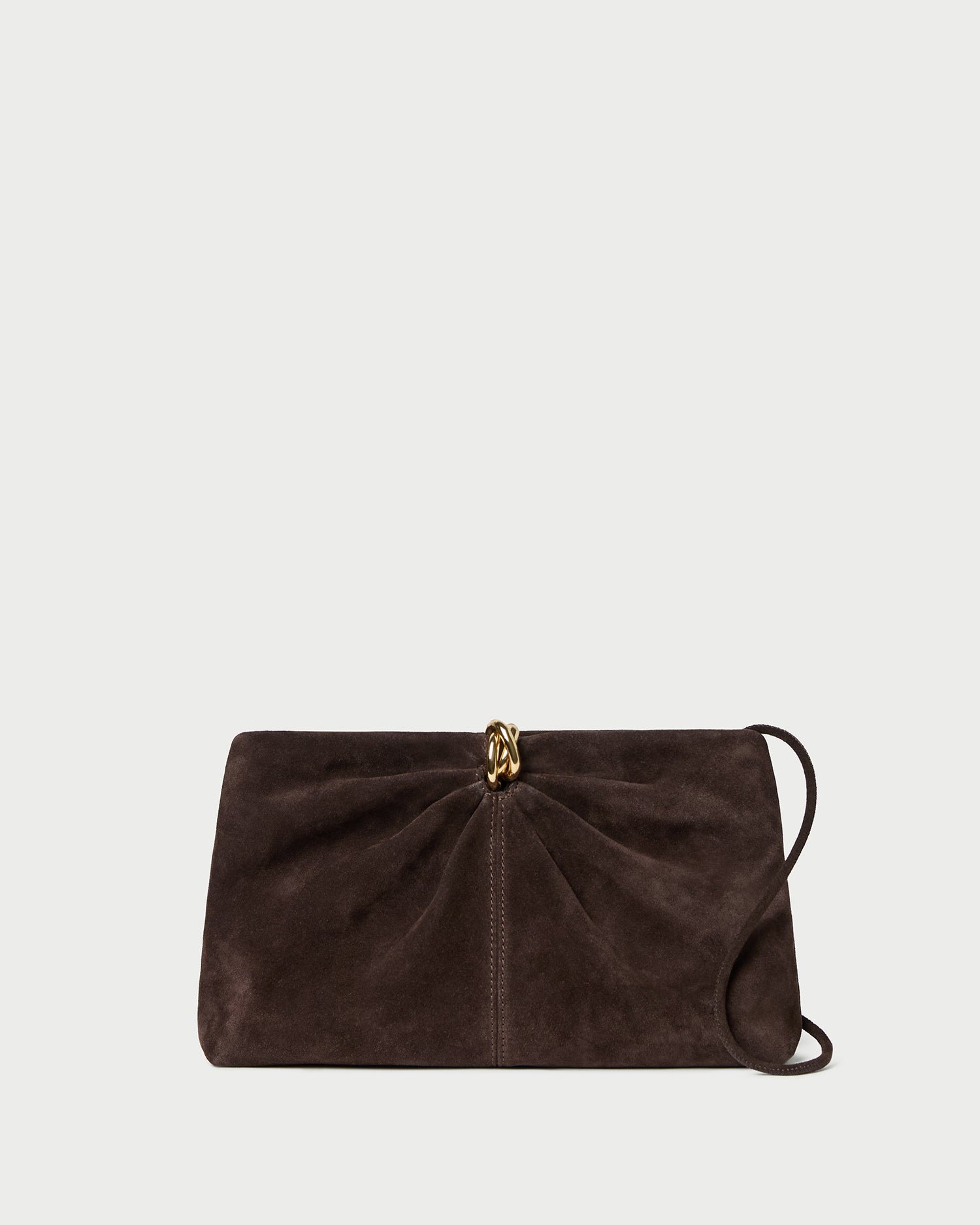 Loeffler Randall Corrine Gathered Multi Ring Clutch in Tmoro brown suede, front view