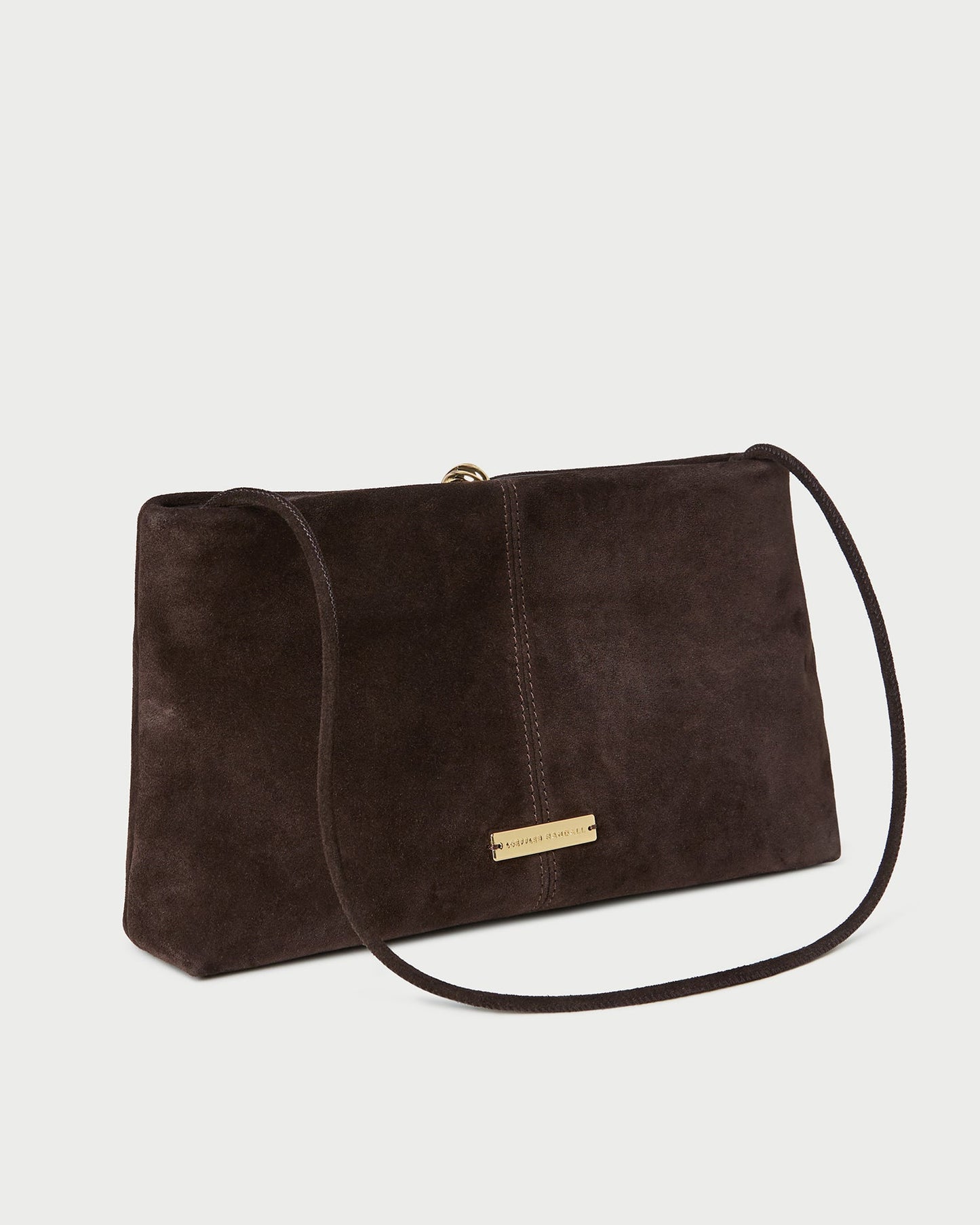 Loeffler Randall Corrine Gathered Multi Ring Clutch in Tmoro brown suede, alternate view showing multi-ring gold hardware