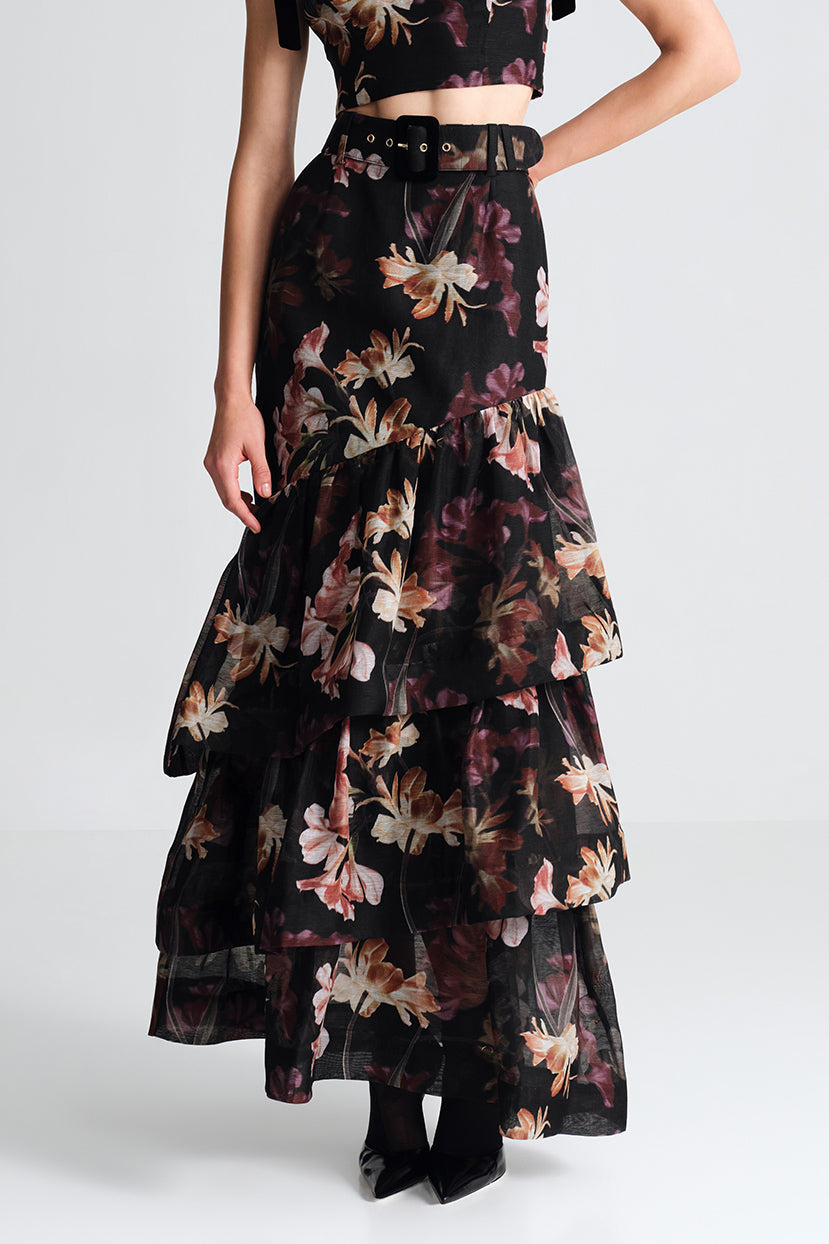 Cara Cara Priya Skirt in Elysian Flora Black, shown on model