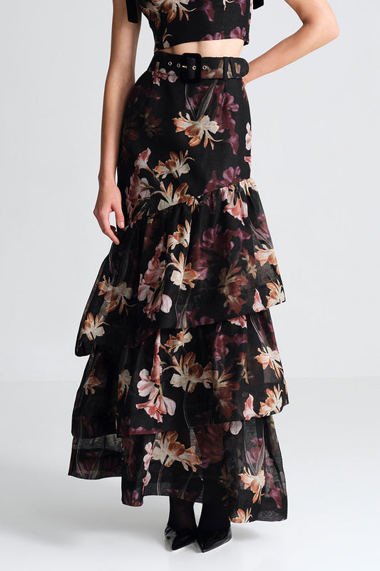 Cara Cara Priya Skirt in Elysian Flora Black, shown on model