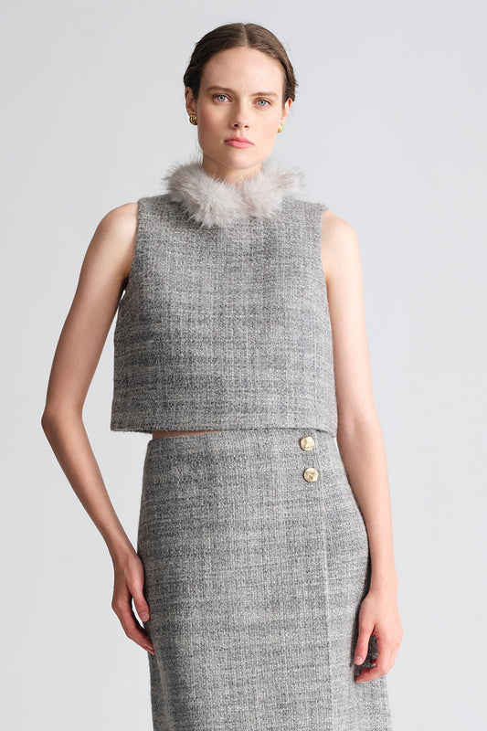 Cara Cara Gina Top in Elio Tweed Grey, shown on model