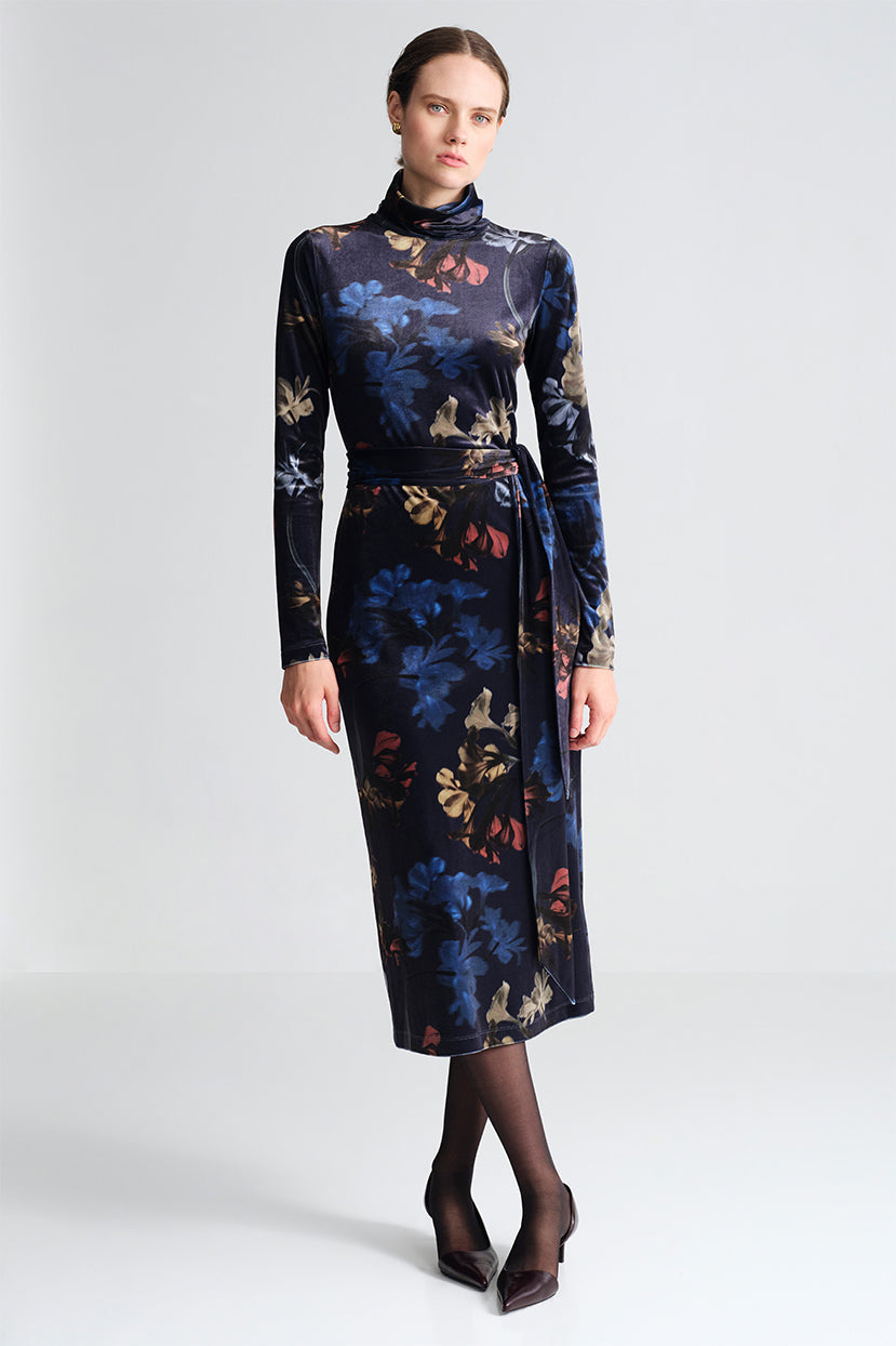 Cara Cara Piper Dress in Elysian Flora Navy, shown on model