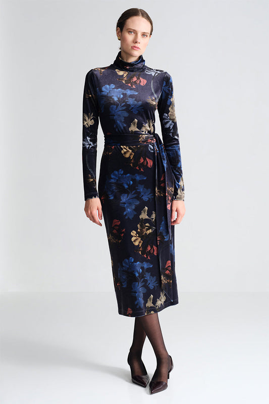 Cara Cara Piper Dress in Elysian Flora Navy, shown on model