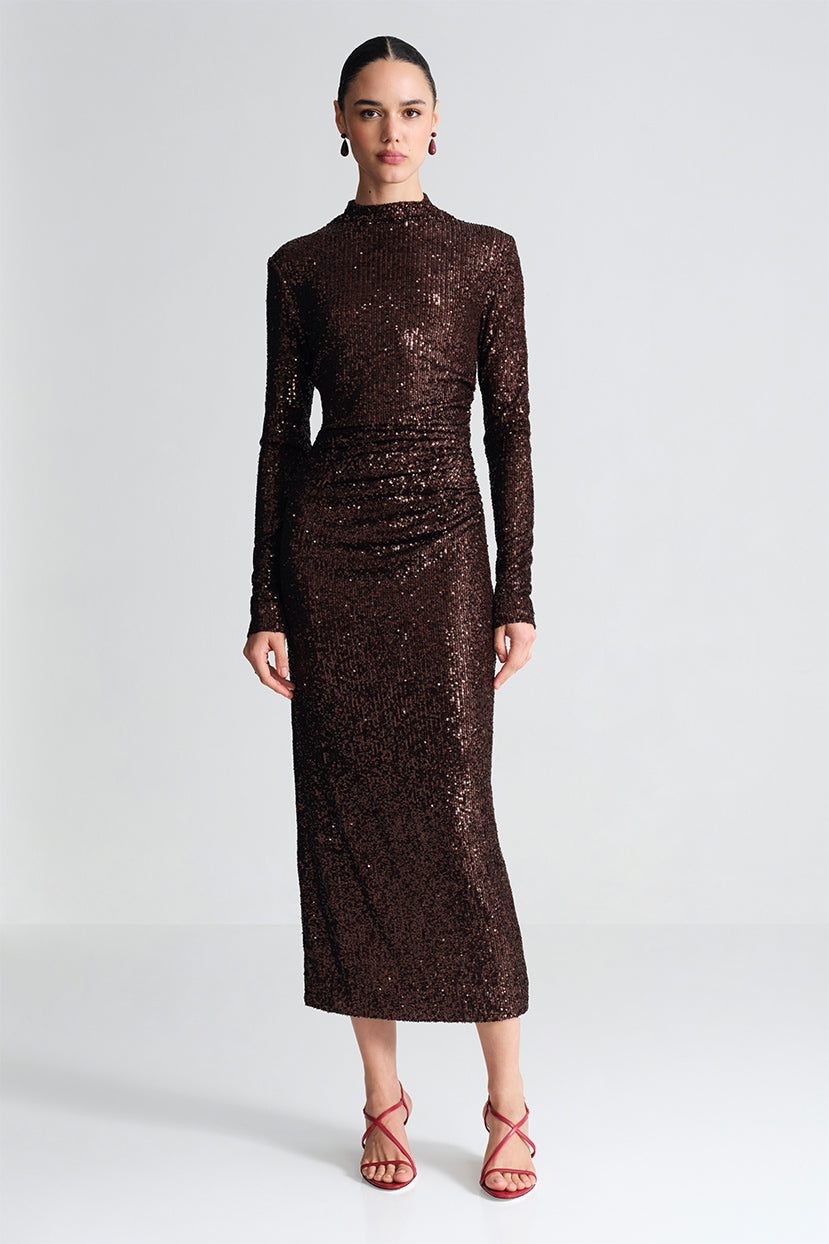 Cara Cara Ryan Dress in Brown Sequins, shown on model