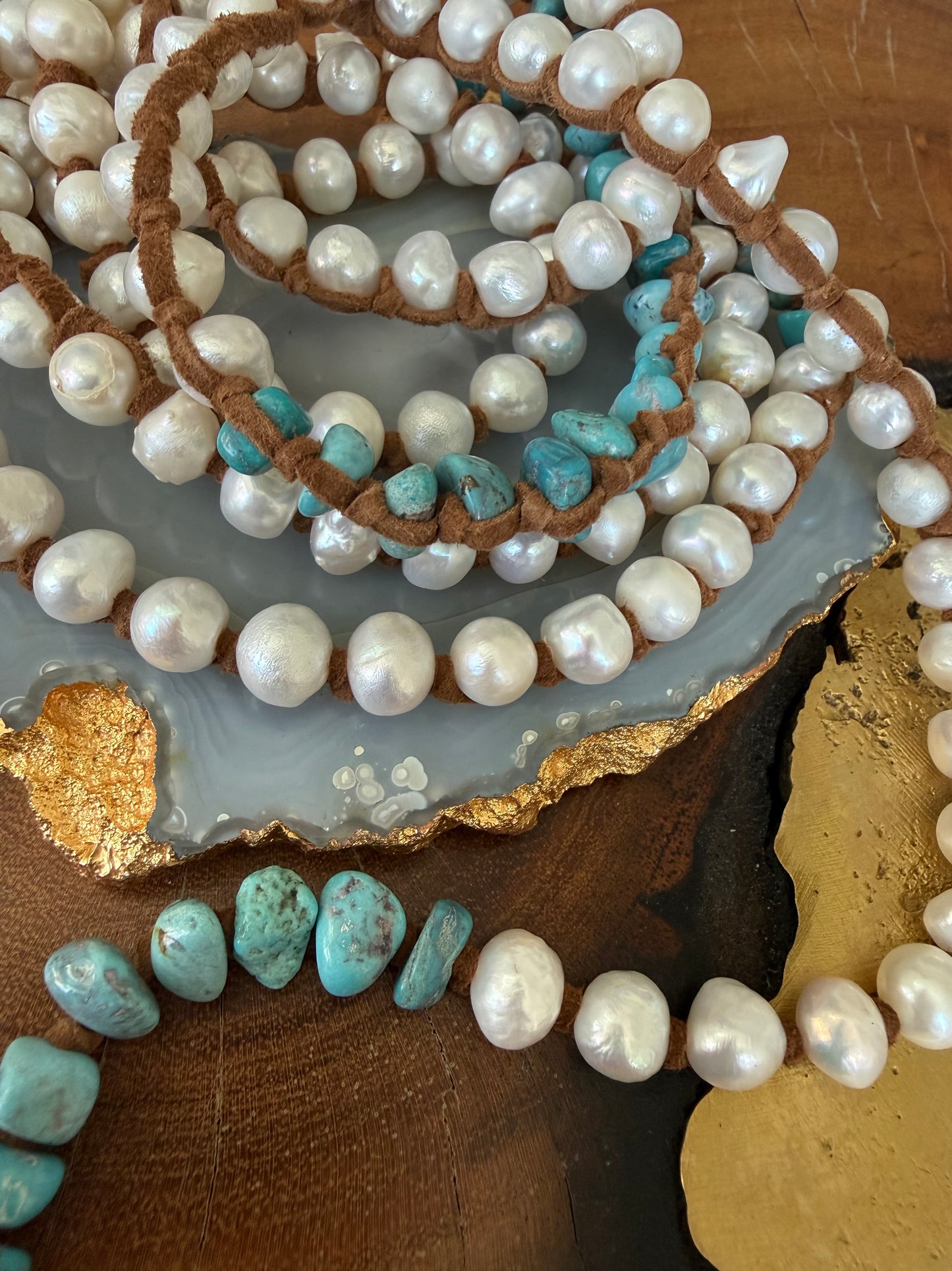 Tess Sm White Pearl and Turq Cluster XLong