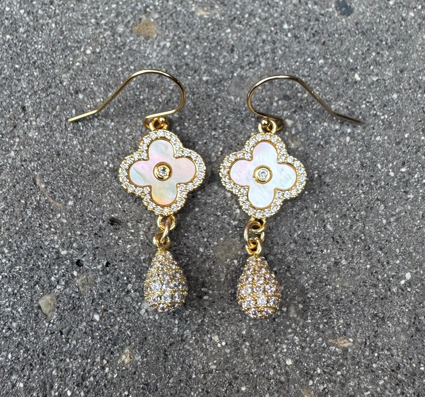 Ruby & Violet Mother of Pearl Clover Drop PAVE Earrings