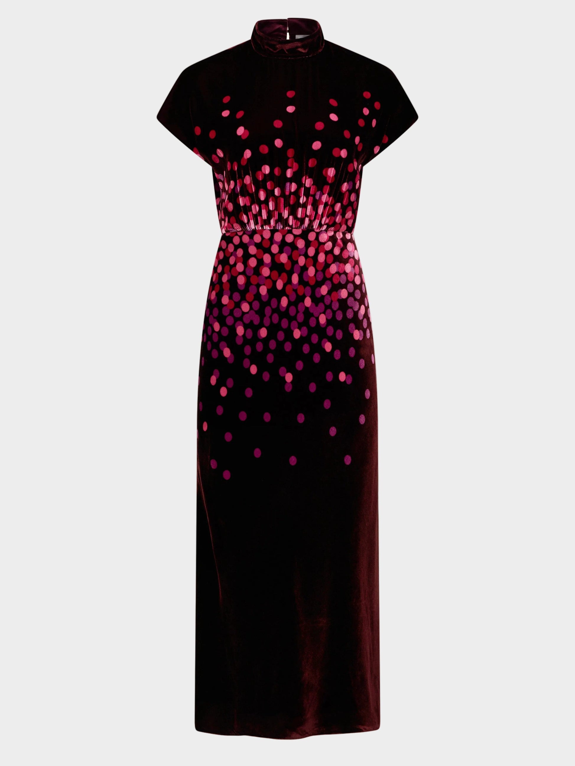 Saloni Fabienne-B Dress in Starlight Berry, burgundy velvet midi dress with high collar and cap sleeves