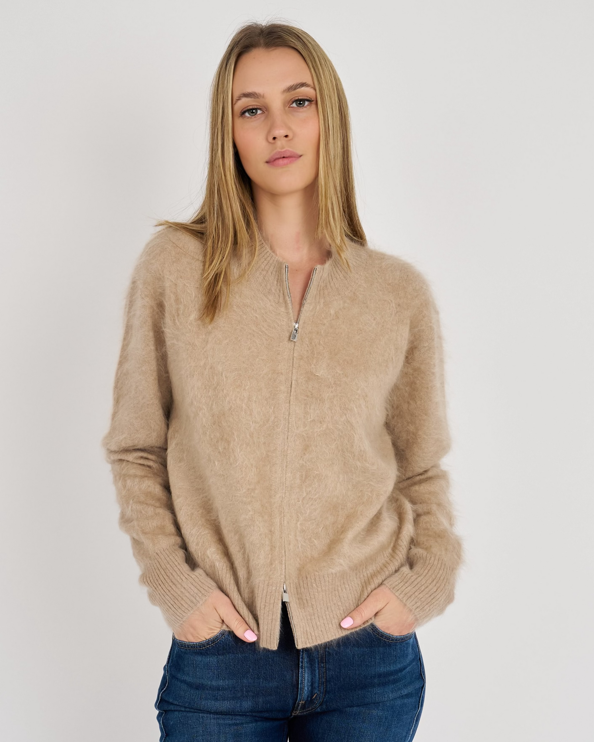 Archer Cashmere Sasha Brushed Cashmere Bomber in Camel, shown on model