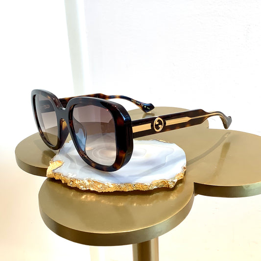 Gucci Tort Gold Stripe Temple Sunglasses