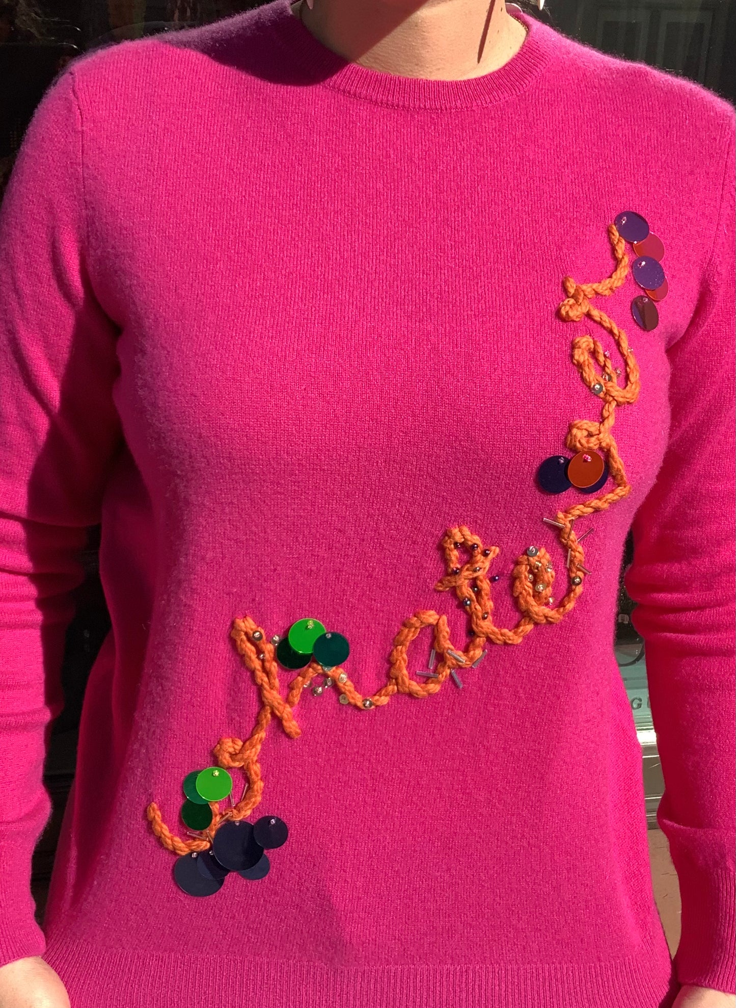 LF "whatever" Beaded Fuchsia Sweater