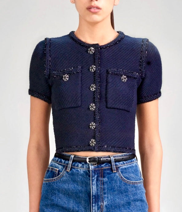 Self Portrait Navy Knit Cropped Cardigan