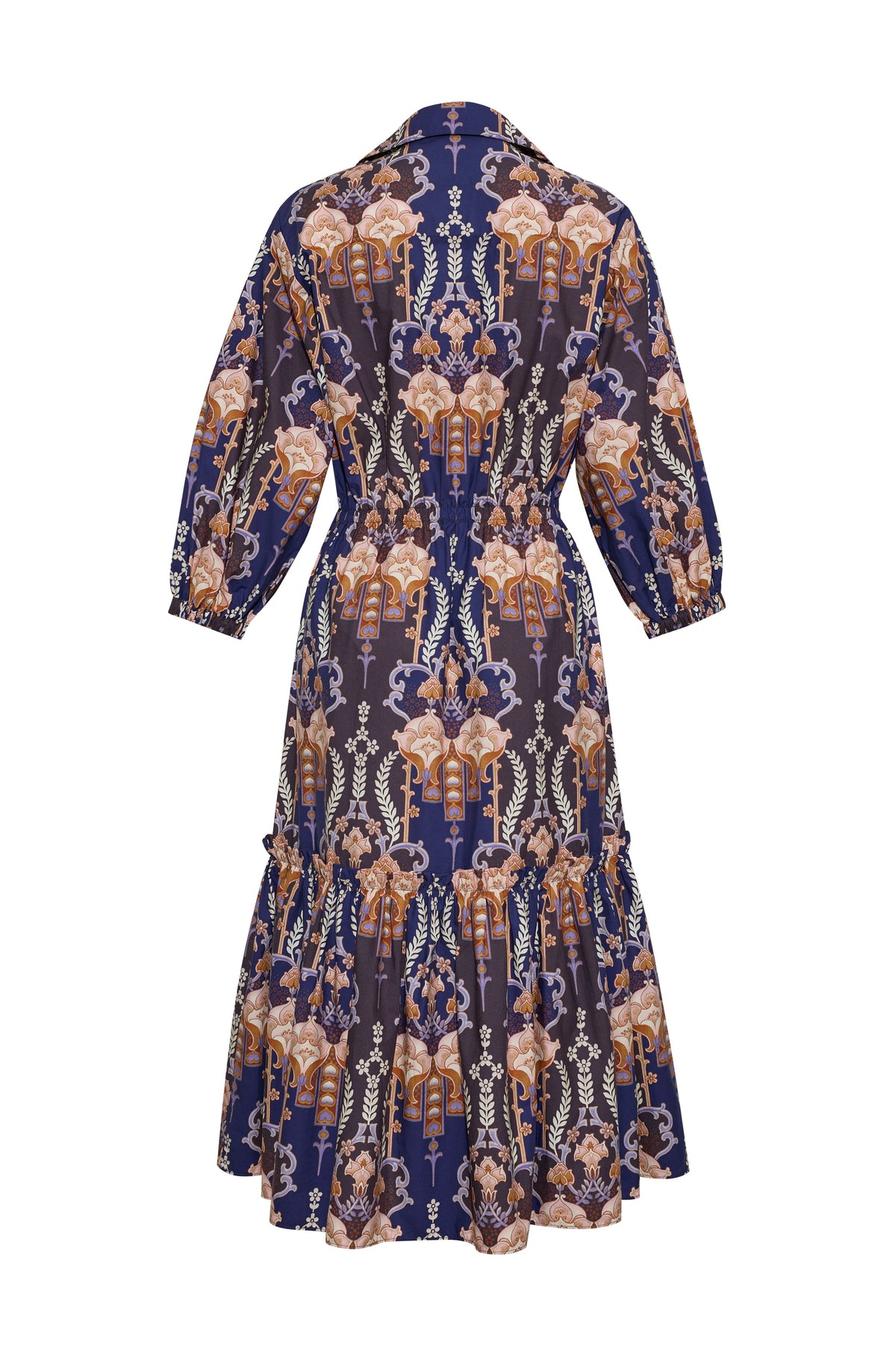 Cara Cara Hutton Dress in Flora Facade Blue, back view