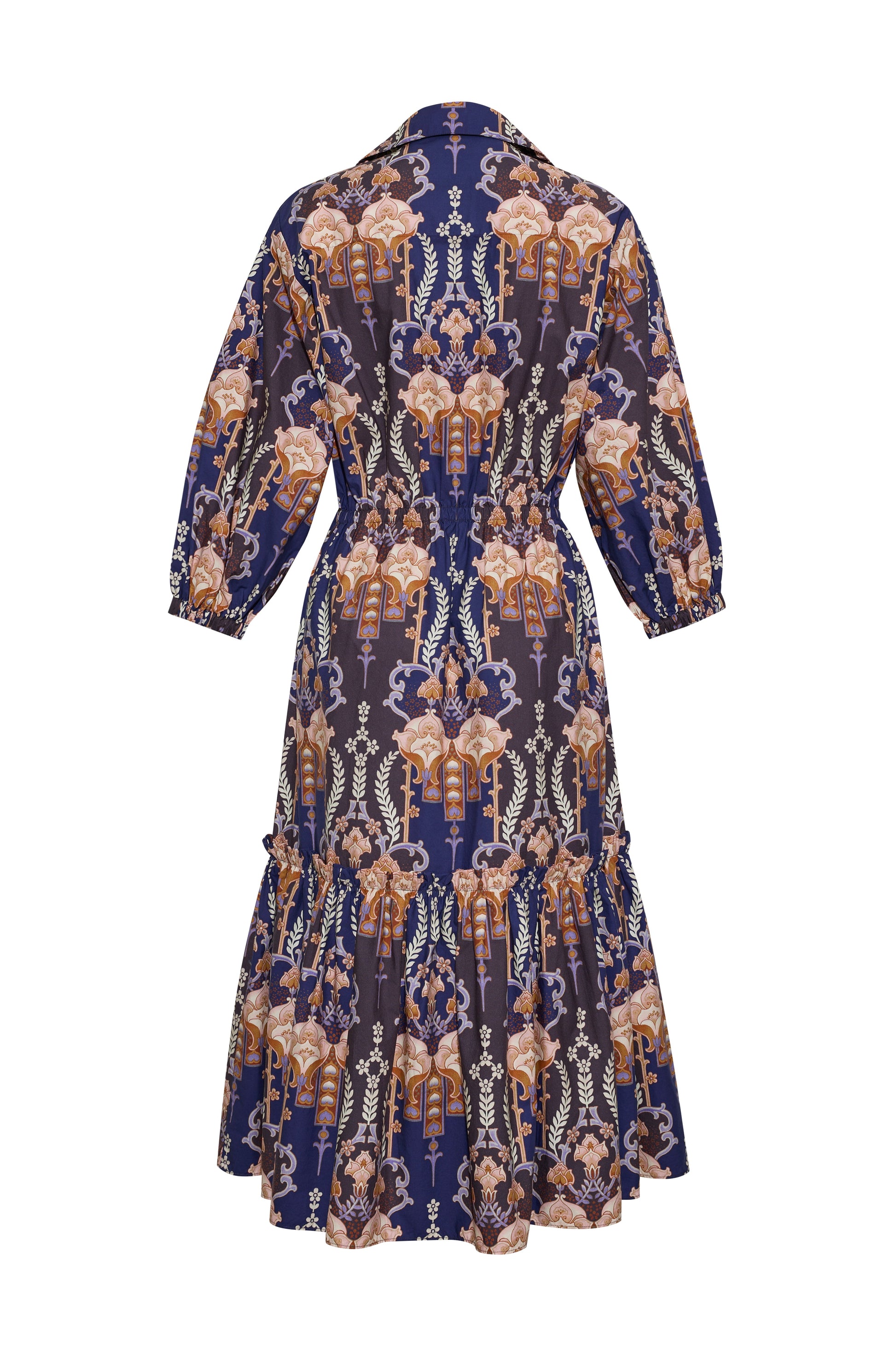 Cara Cara Hutton Dress in Flora Facade Blue, back view