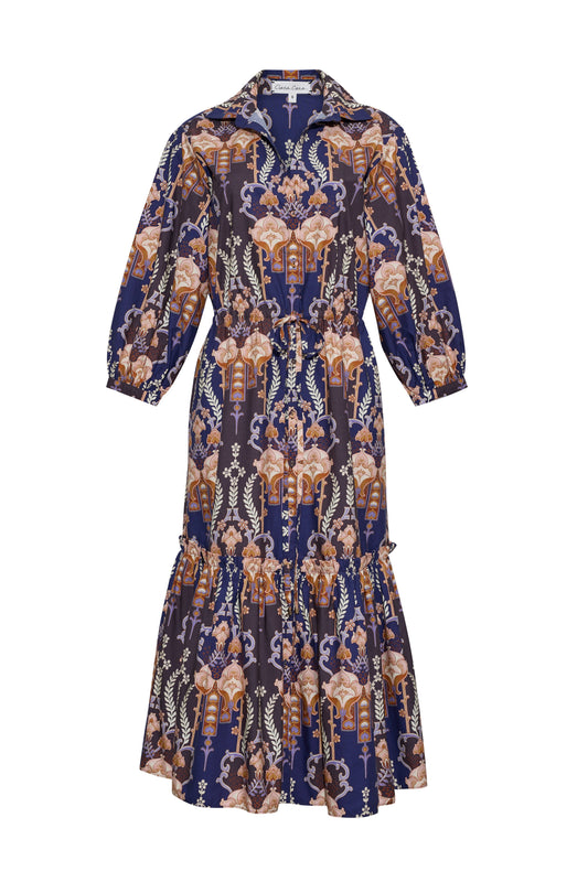 Cara Cara Hutton Dress in Flora Facade Blue, front view