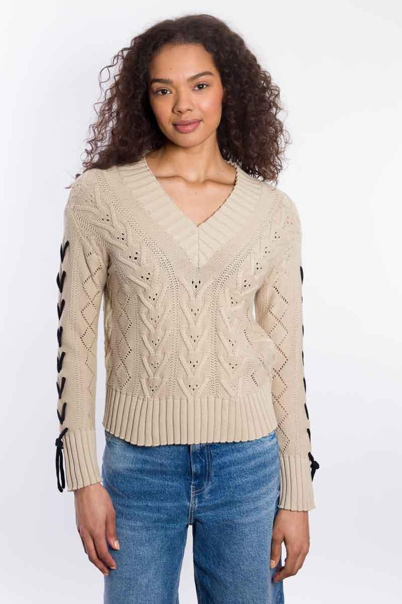 &Isla Braided Sleeve Cable Vee in Sand, worn by model