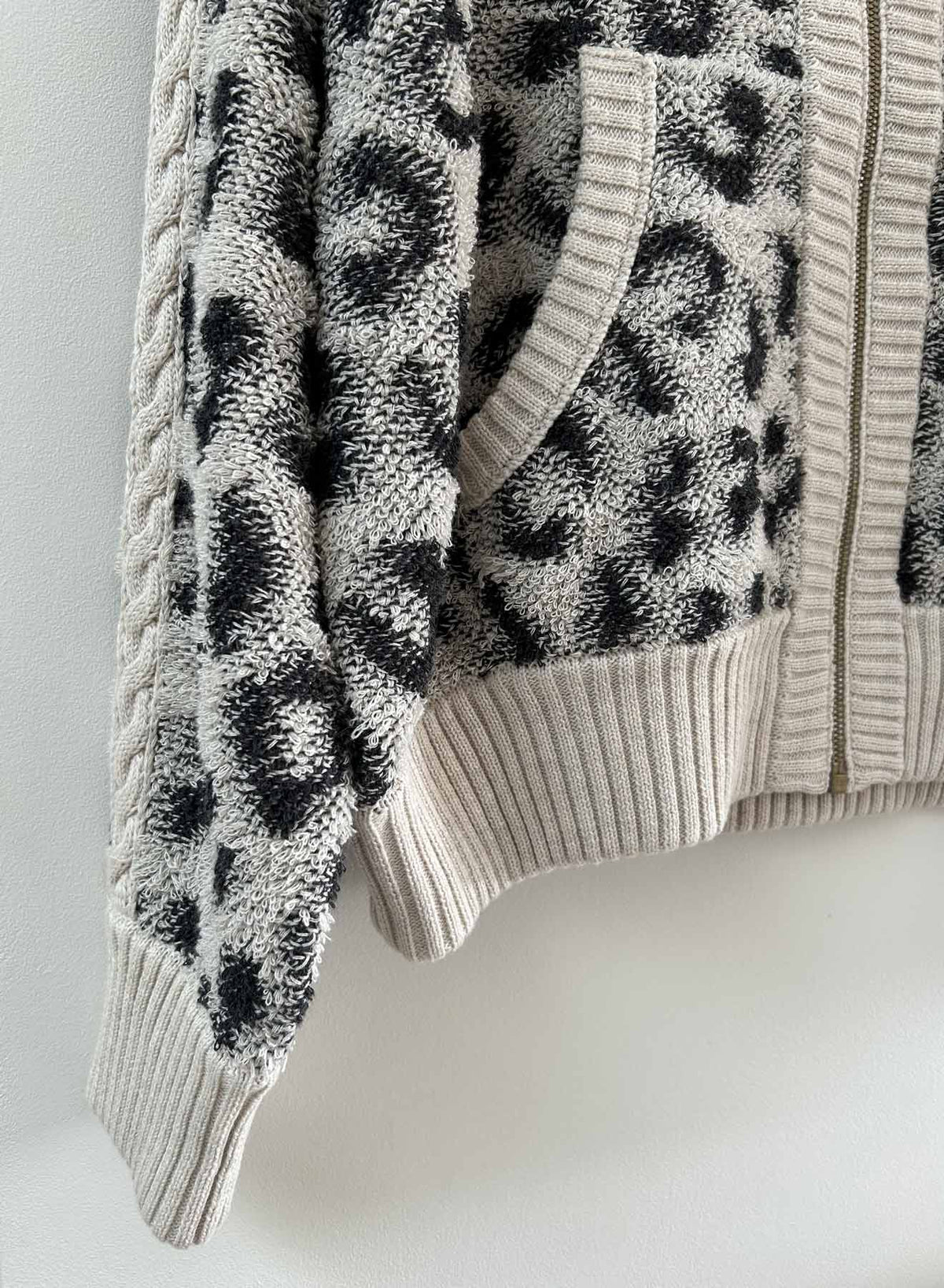 Label + Thread Cheetah Bomber in Ecru Cheetah, detail view