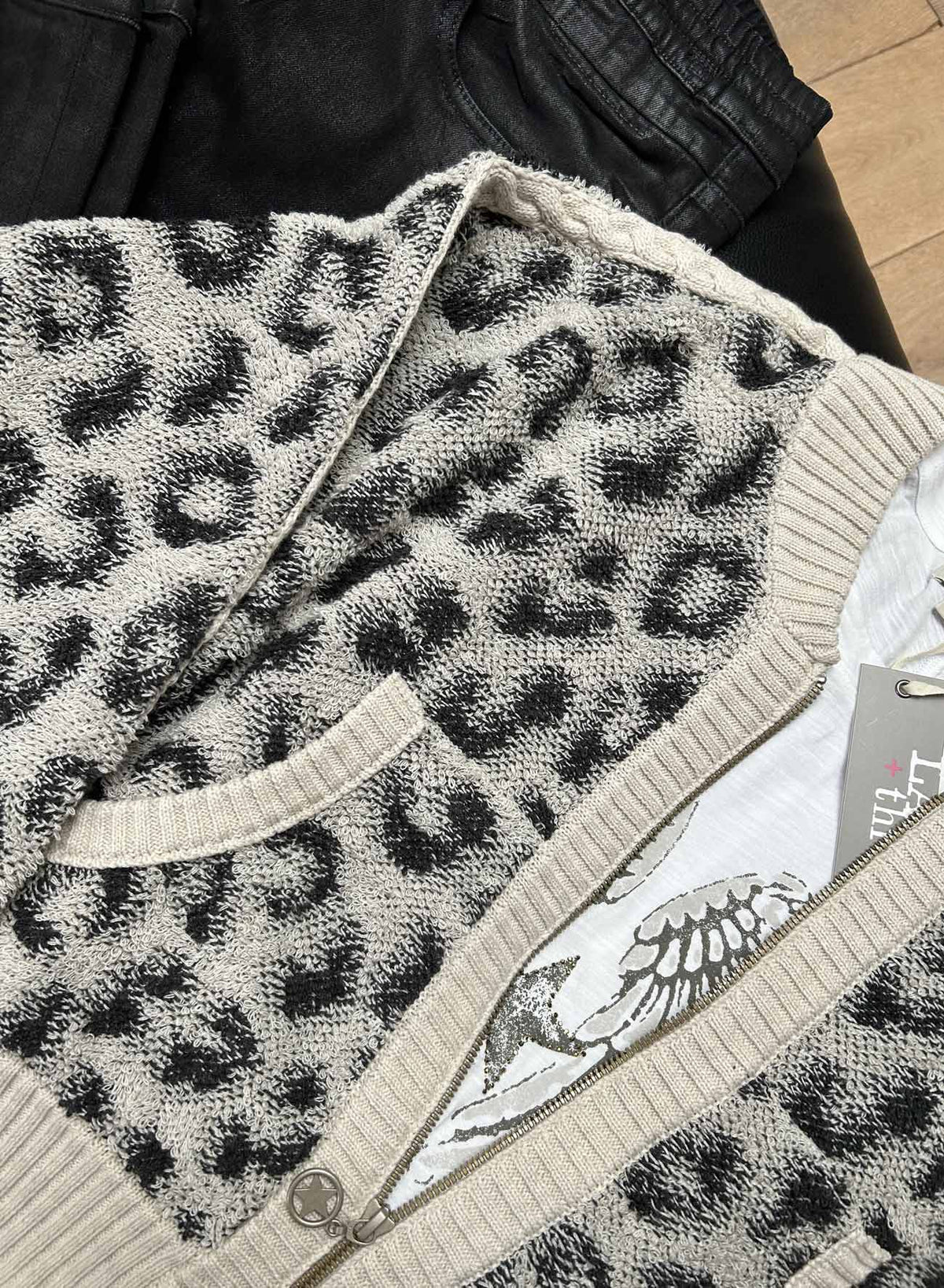 Label + Thread Cheetah Bomber in Ecru Cheetah, alternate view