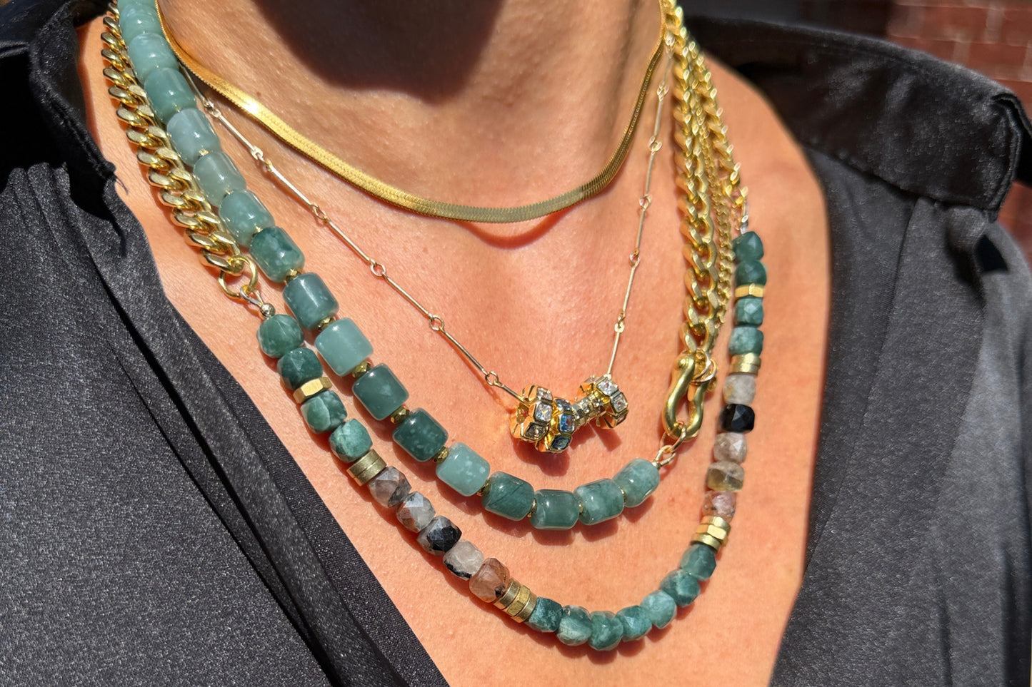 Rachel Nathan Guatemalan Jade & Tourmaline Curb necklace shown on model