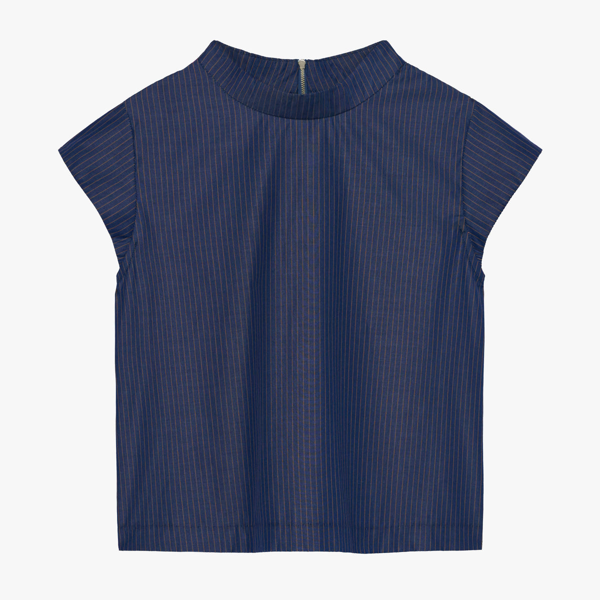 JAG Audrey Top in Navy Stripe, navy with brown pinstripe