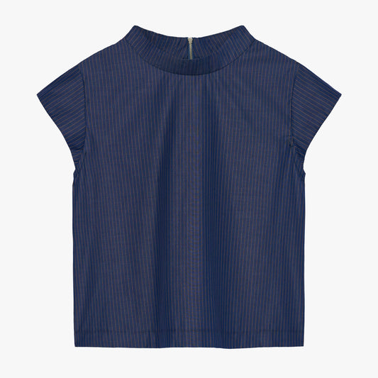 JAG Audrey Top in Navy Stripe, navy with brown pinstripe