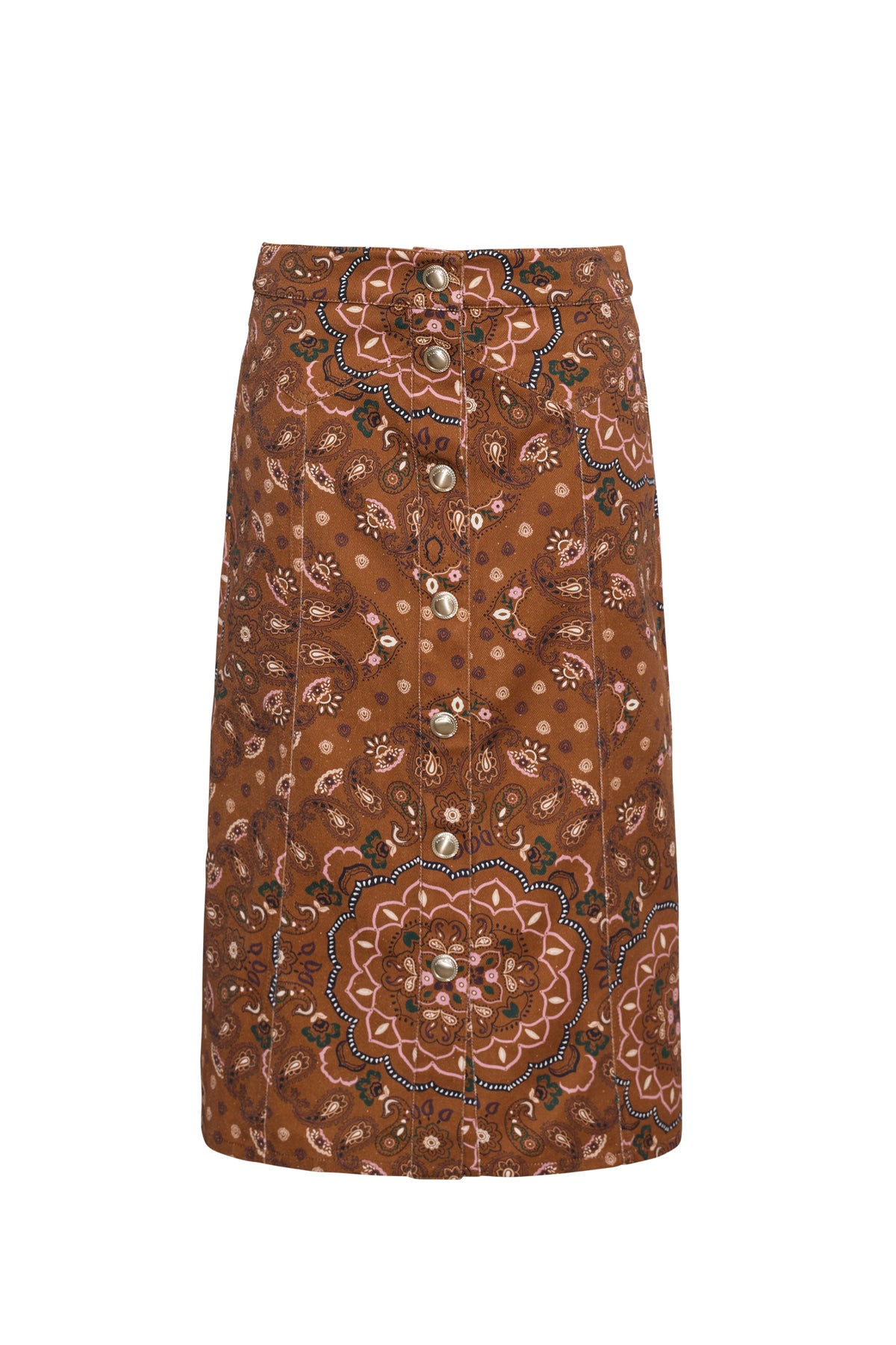 Cara Cara Juniper Midi Skirt in Bandana Camel, front view