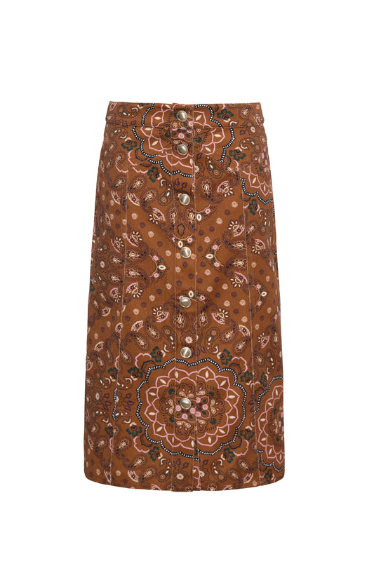 Cara Cara Juniper Midi Skirt in Bandana Camel, front view