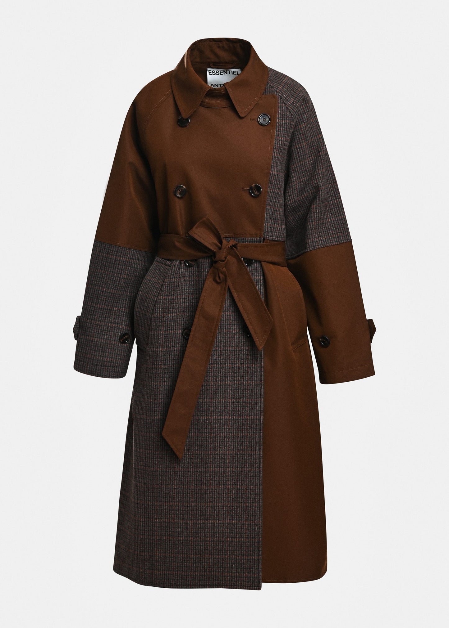 Essentiel Antwerp Kagu Patchwork Trench Coat in Bear Me brown and grey colour-block, front view