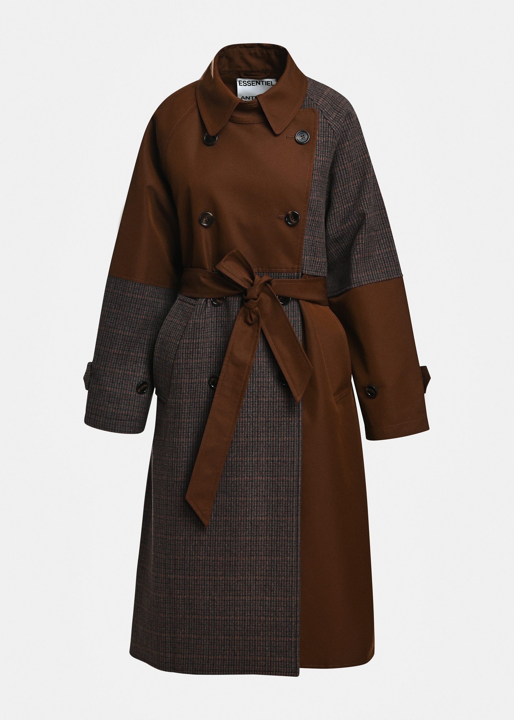 Essentiel Antwerp Kagu Patchwork Trench Coat in Bear Me brown and grey colour-block, front view
