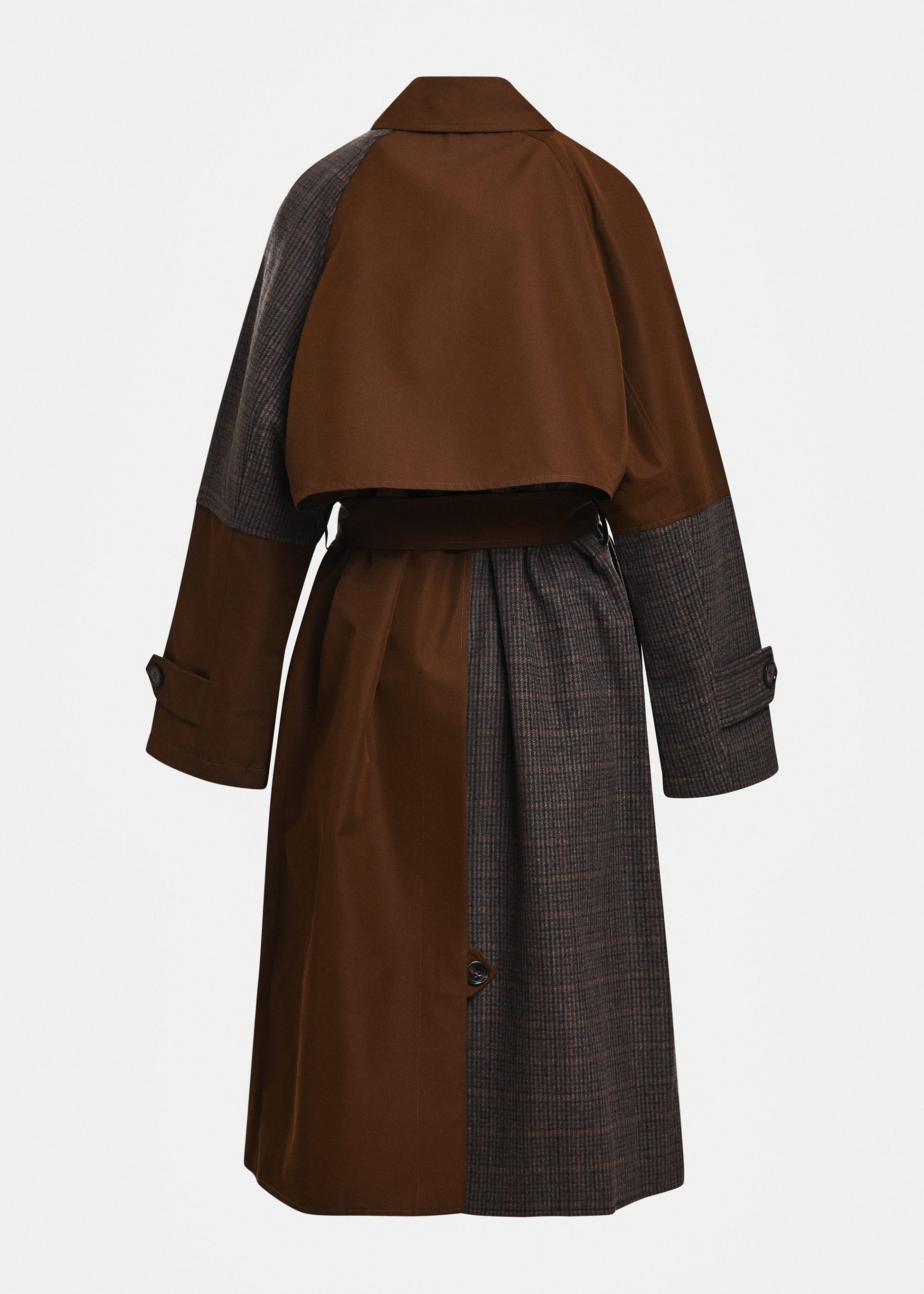 Essentiel Antwerp Kagu Patchwork Trench Coat in Bear Me, side view showing belt and slanted pockets