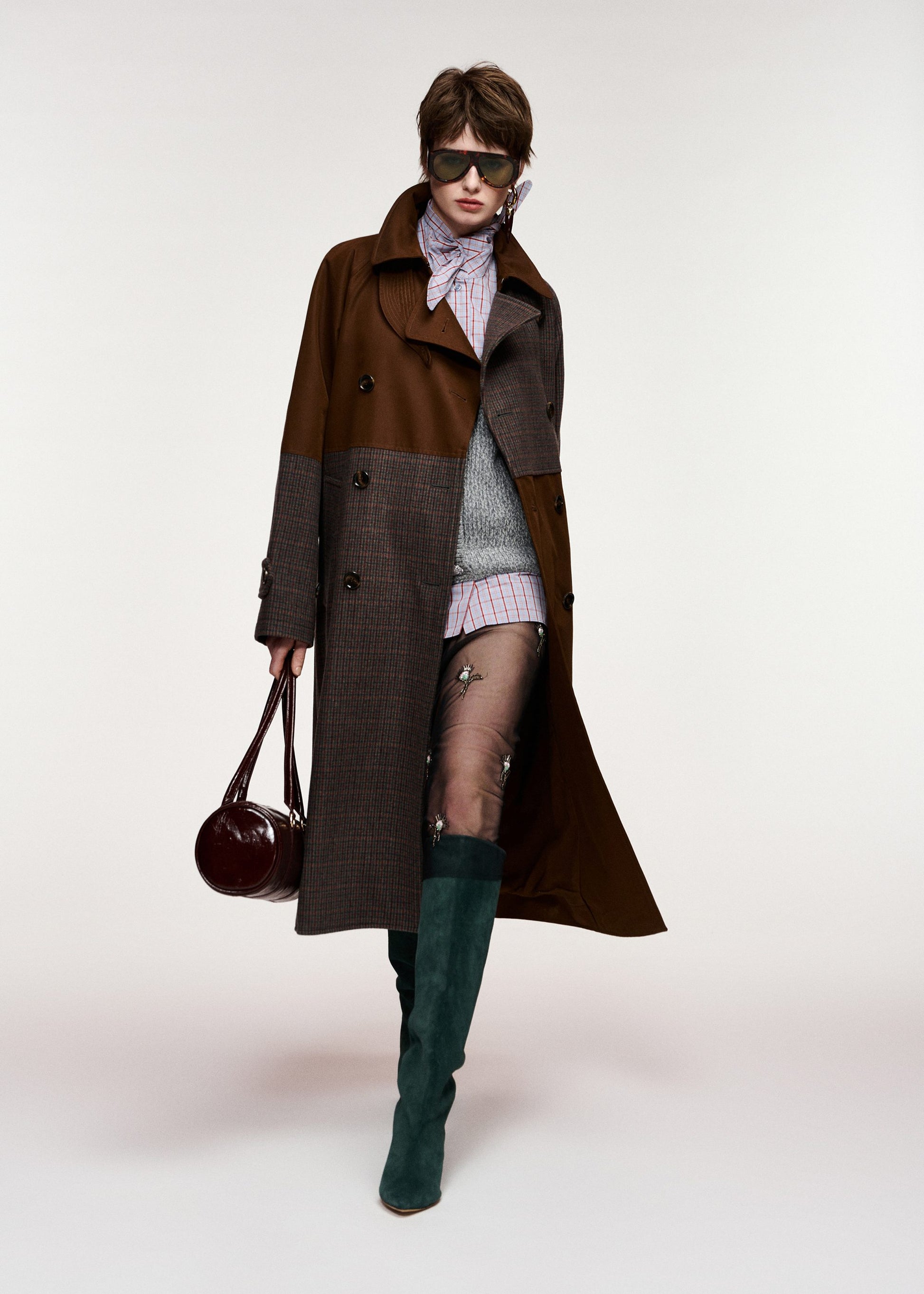 Essentiel Antwerp Kagu Patchwork Trench Coat in Bear Me, back view