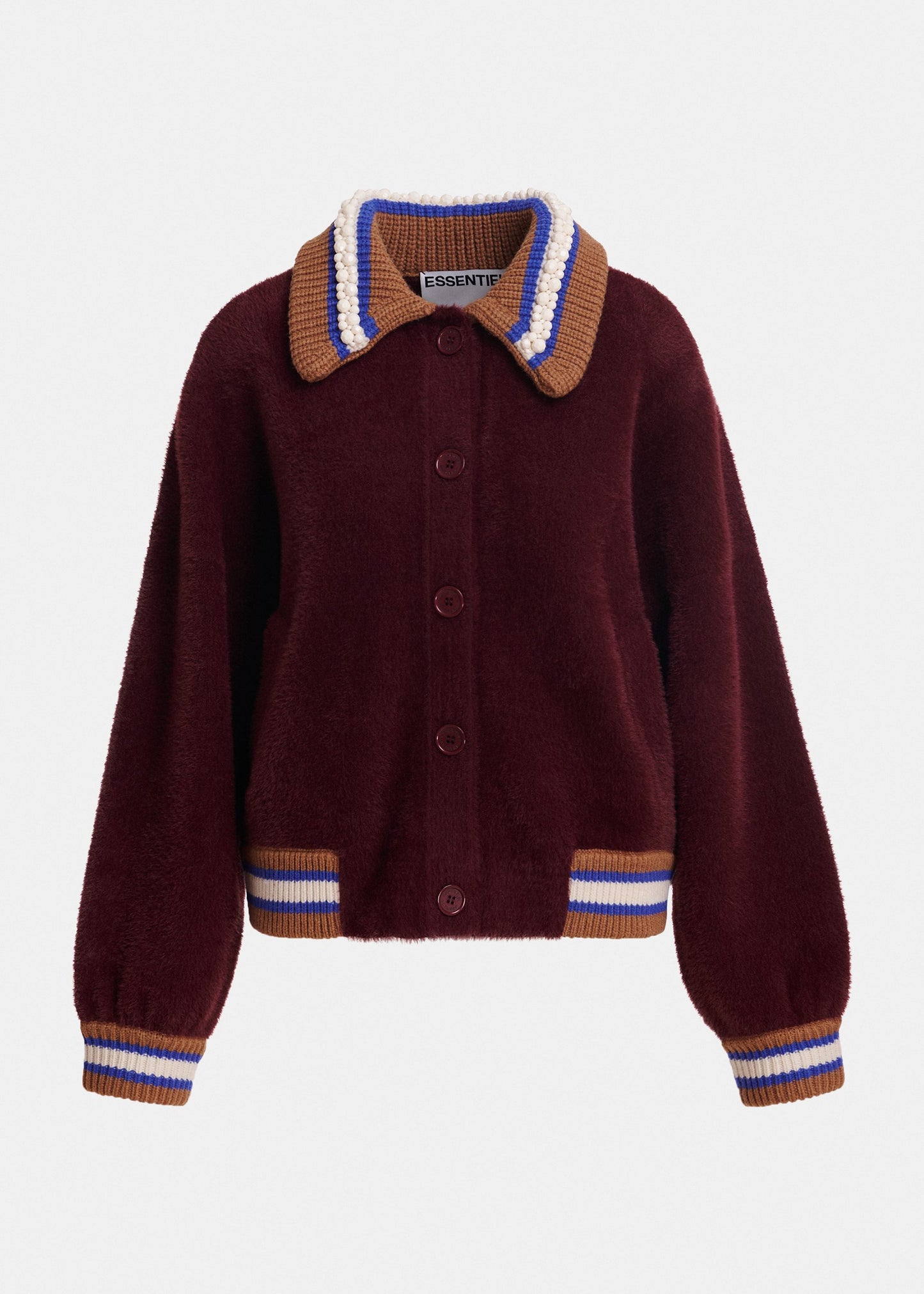 Essentiel Antwerp Kamore knit jacket with bead-embellished collar in burgundy, shown on model