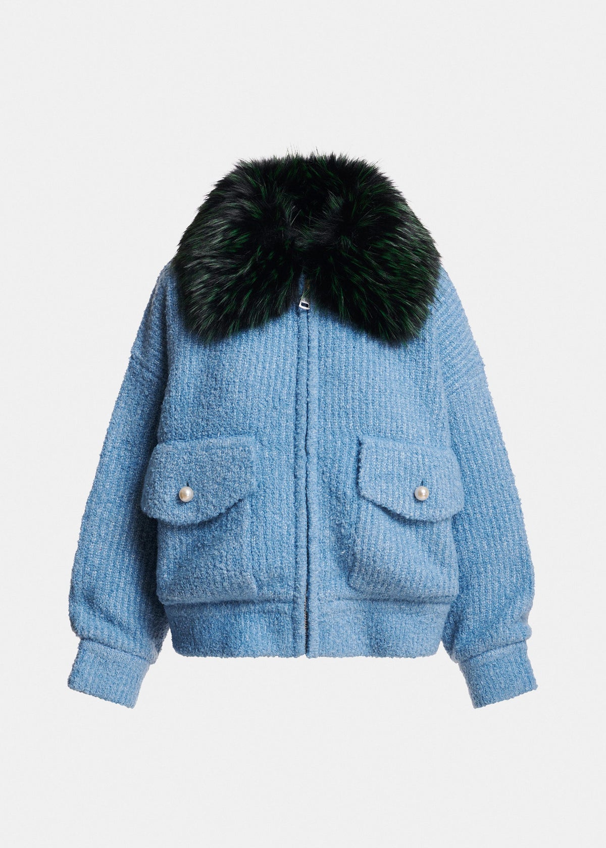 Essentiel Antwerp Kanada bouclé bomber with removable faux fur collar in light blue, shown on model