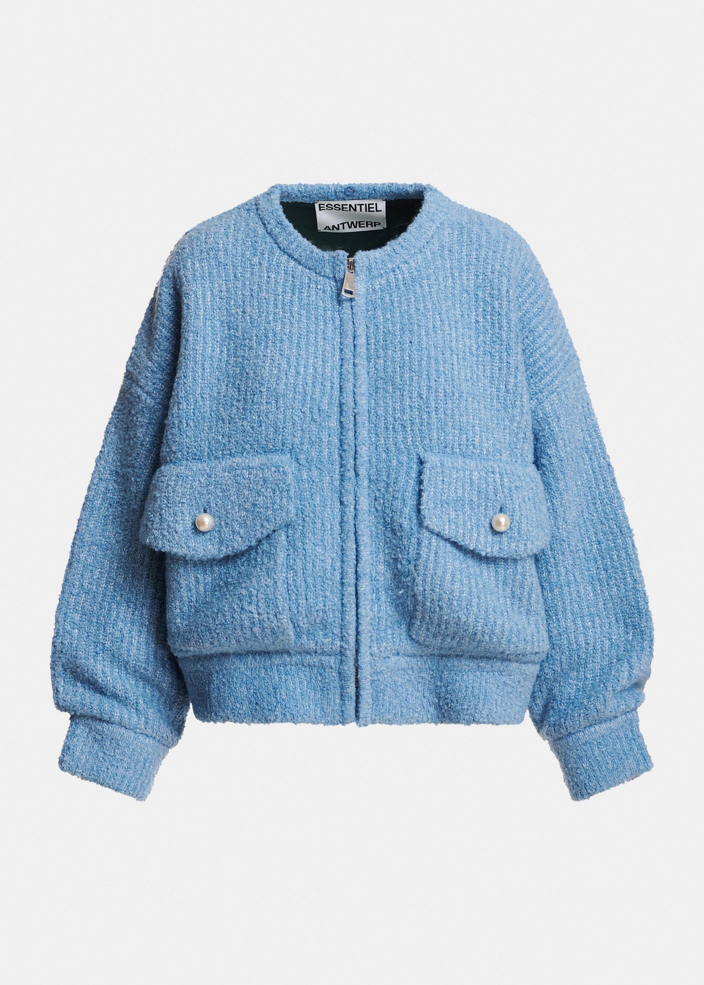 Essentiel Antwerp Kanada bouclé bomber with removable faux fur collar in light blue, alternate view