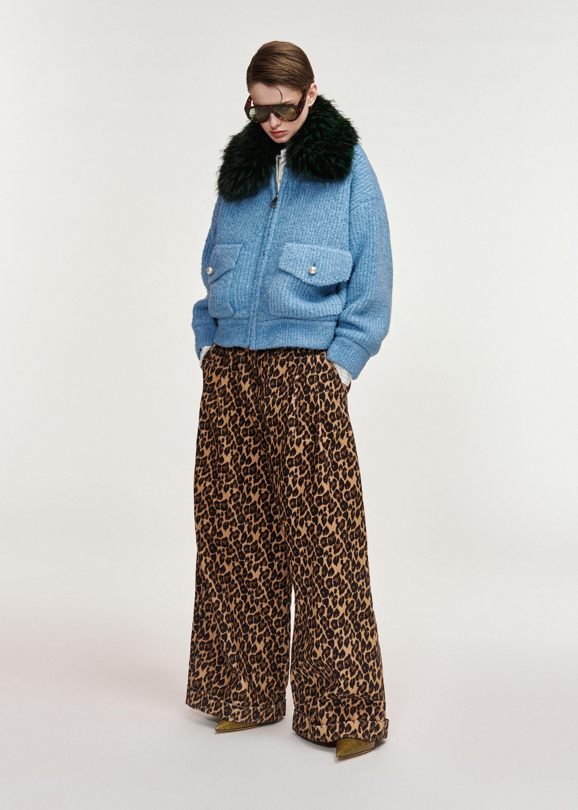 Essentiel Antwerp Kanada bouclé bomber with removable faux fur collar in light blue, additional view