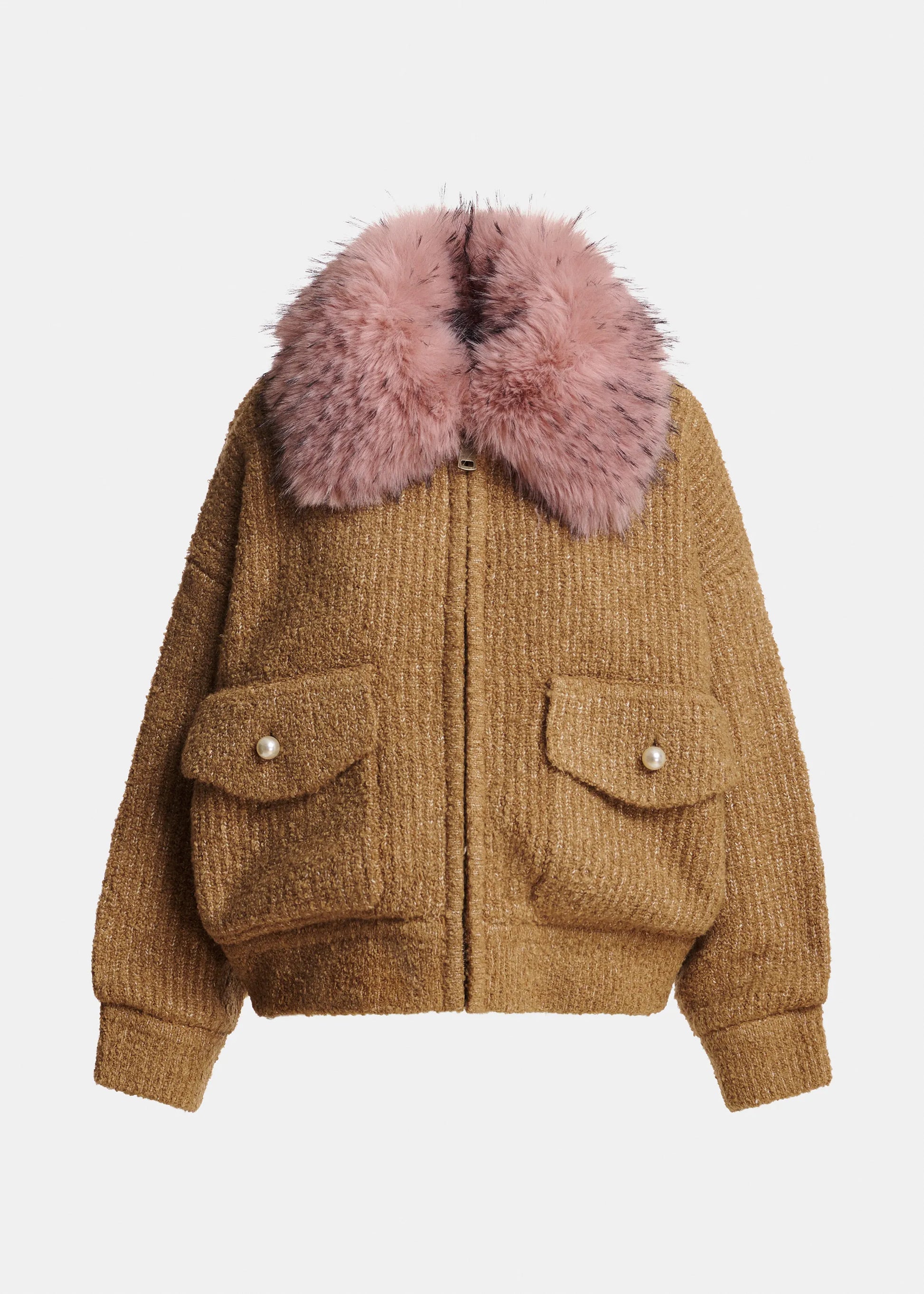 Essentiel Antwerp Kanada bouclé bomber with removable faux fur collar in camel, shown on model
