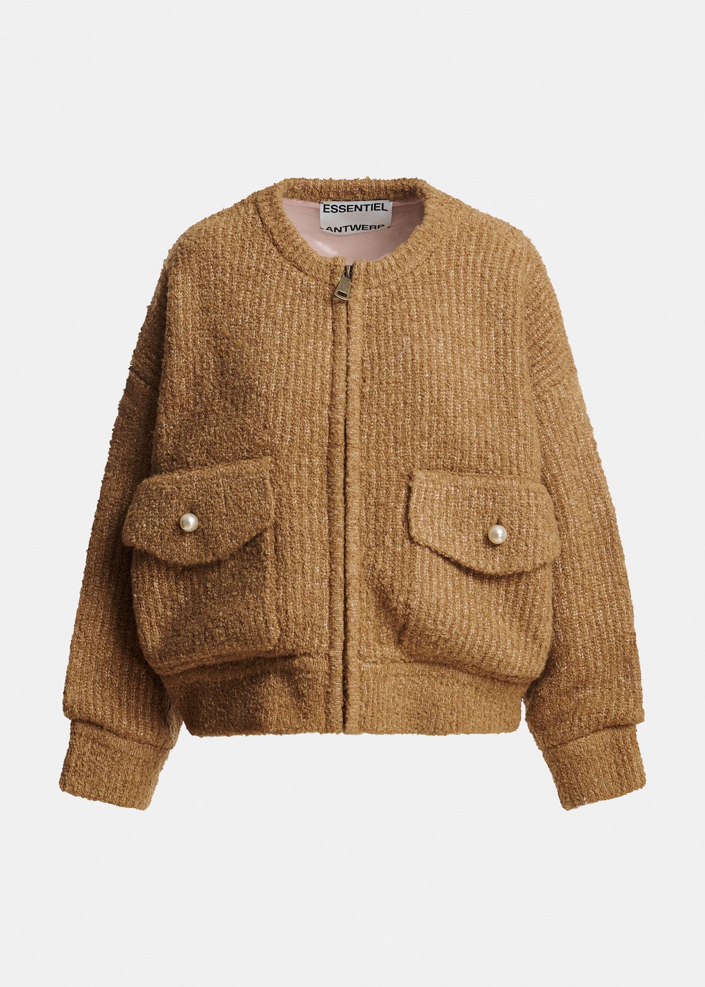 Essentiel Antwerp Kanada bouclé bomber with removable faux fur collar in camel, alternate view